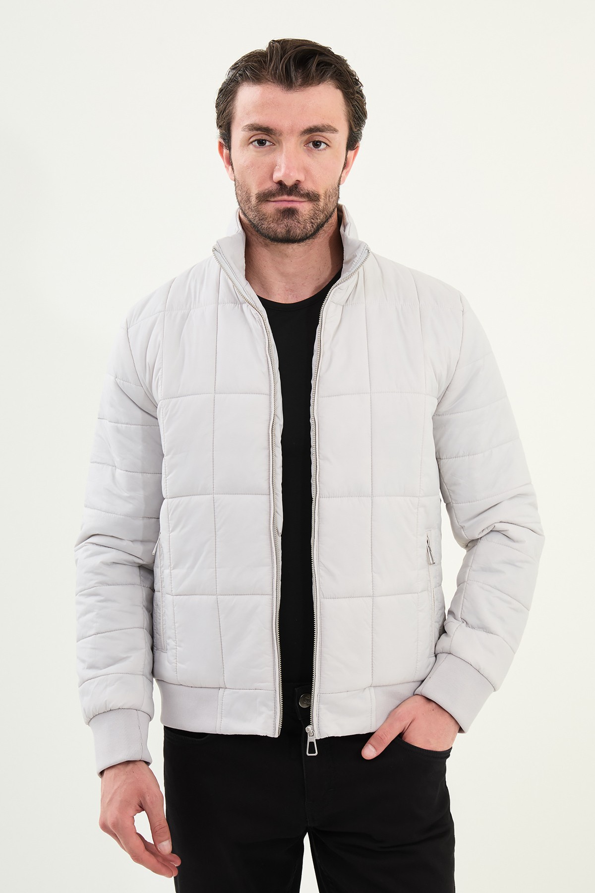 Kapitone Slim Fit Hakim Yaka Şişme Erkek Mont - Taş