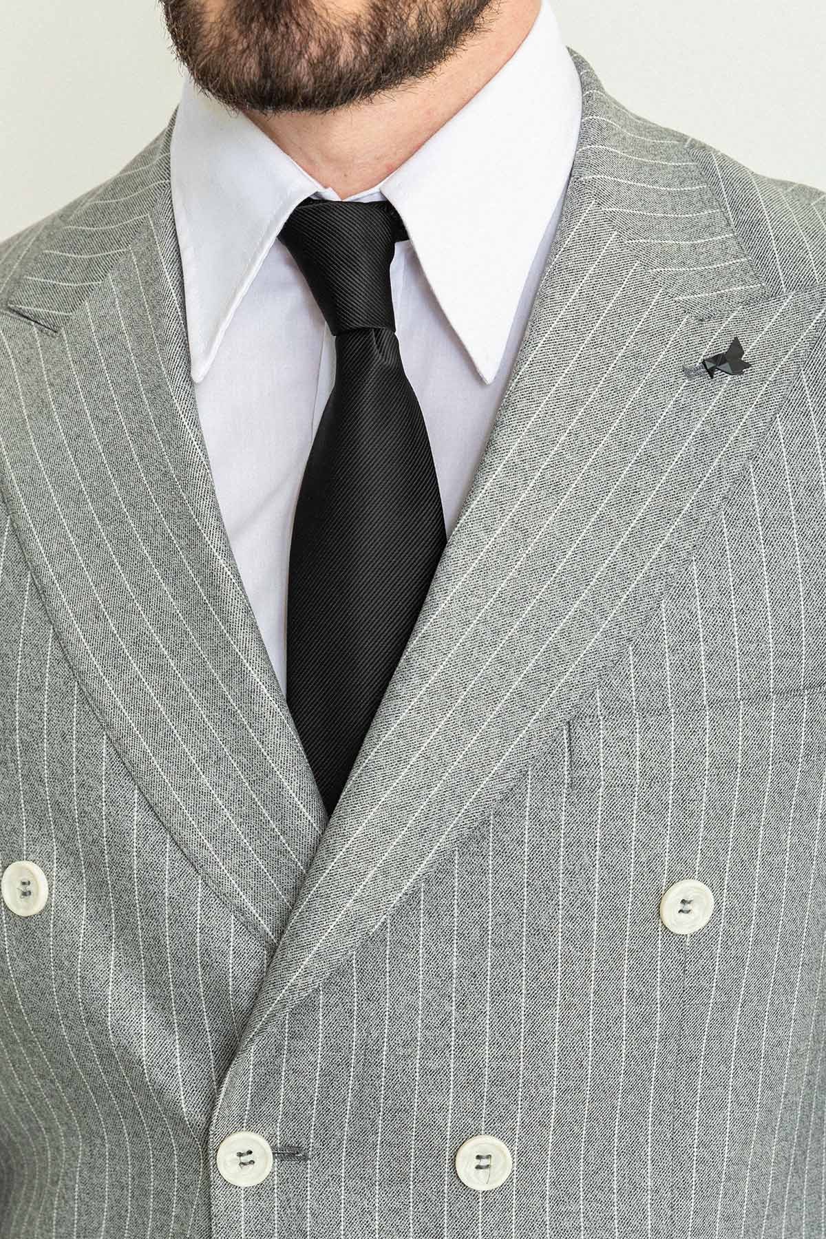 Cizgili Slim Fit Geniş Yaka Kruvaze Keten Erkek Takım Elbise