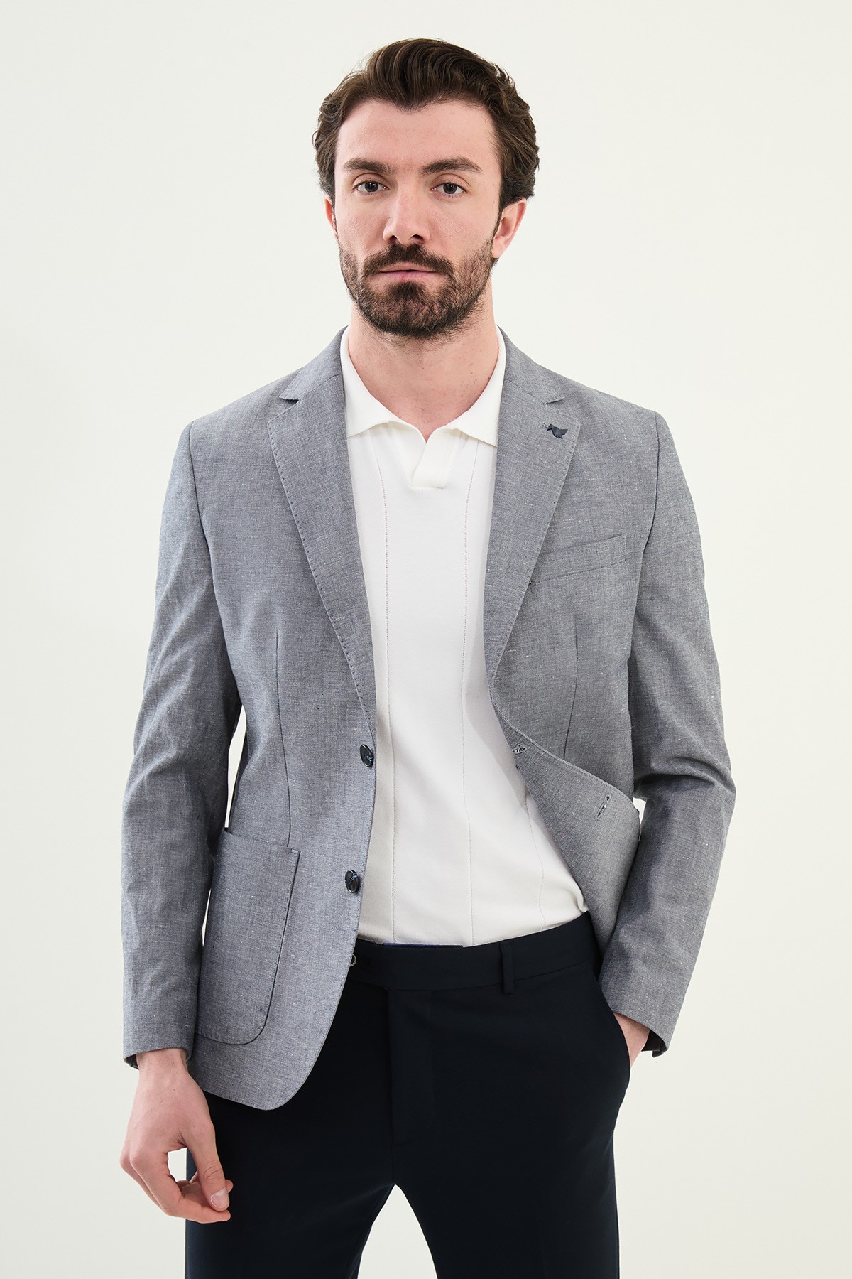 Kırçıllı Slim Fit Torba Cep Mono Yaka Keten Erkek Ceket - Lacivert
