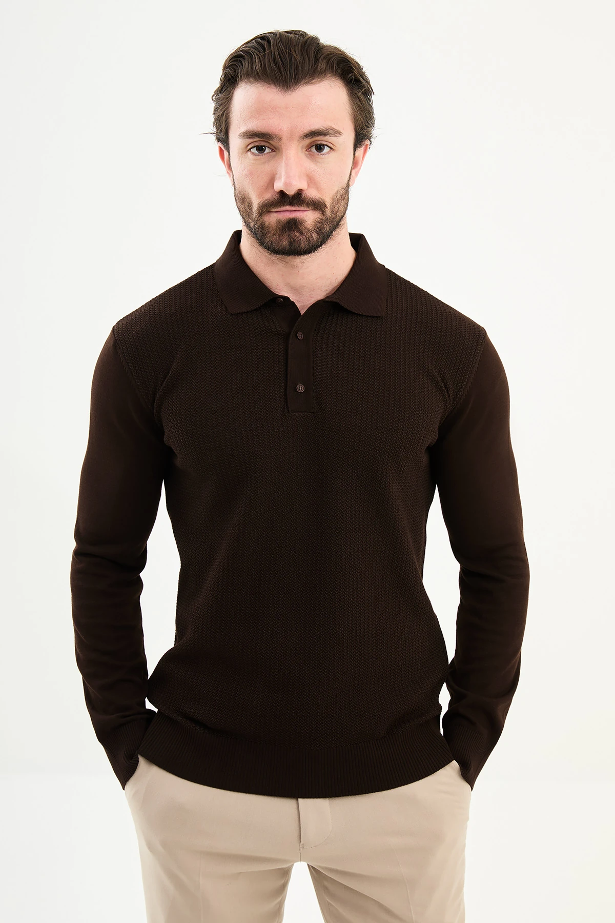 Örgü Desenli Slim Fit Polo Yaka Yün Erkek Triko Kazak - Kahverengi
