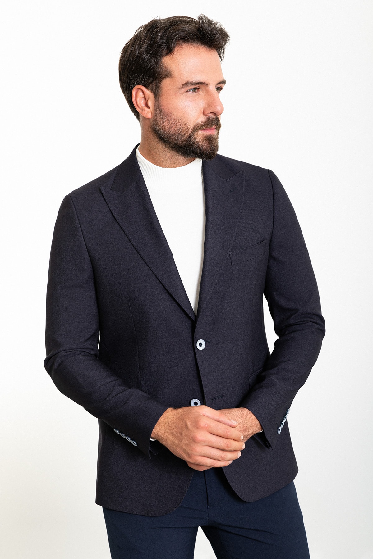 Düz Slim Fit Geniş Yaka Yün Erkek Ceket