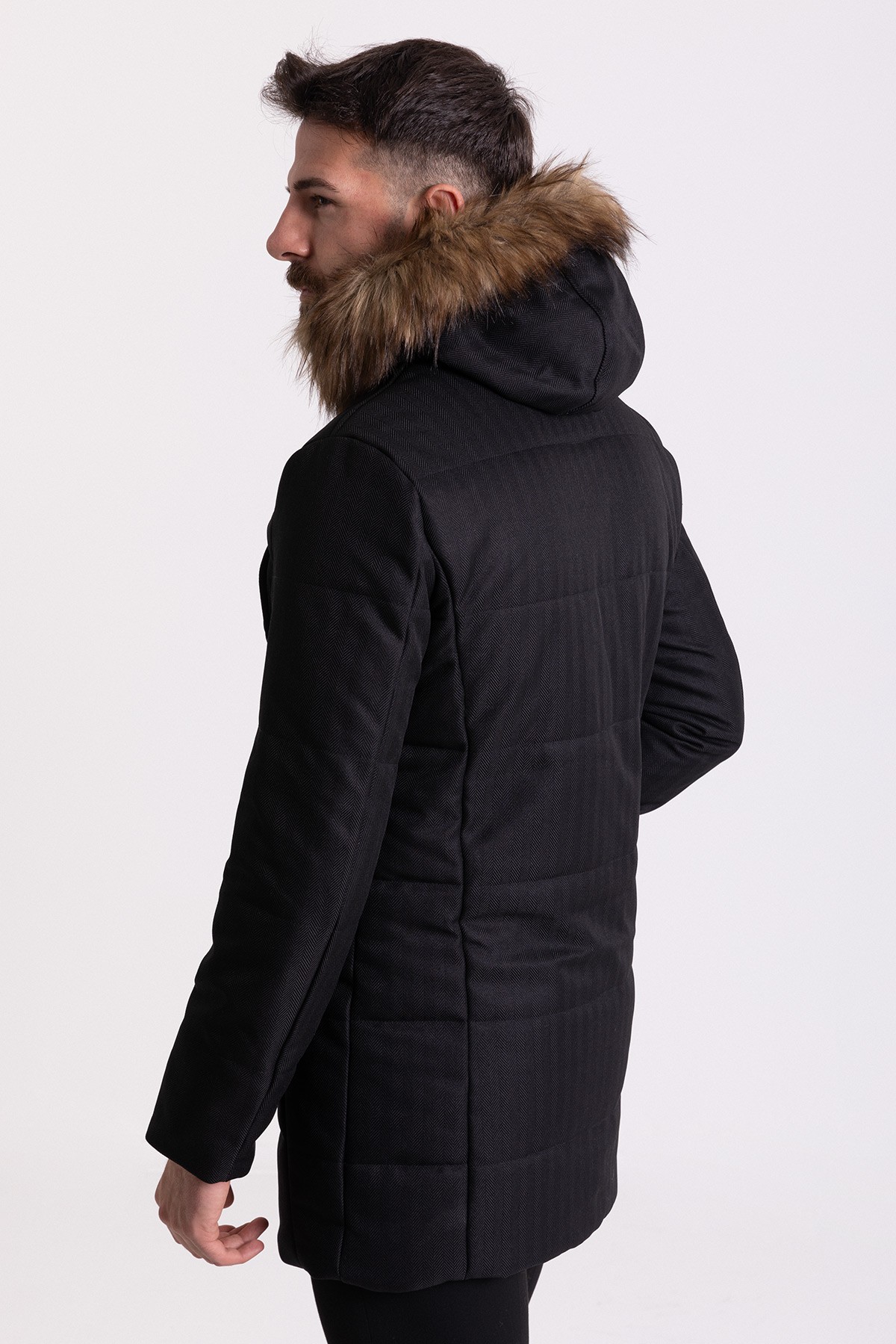 Desenli Slim Fit Kürklü Kapüşonlu Erkek Kaban