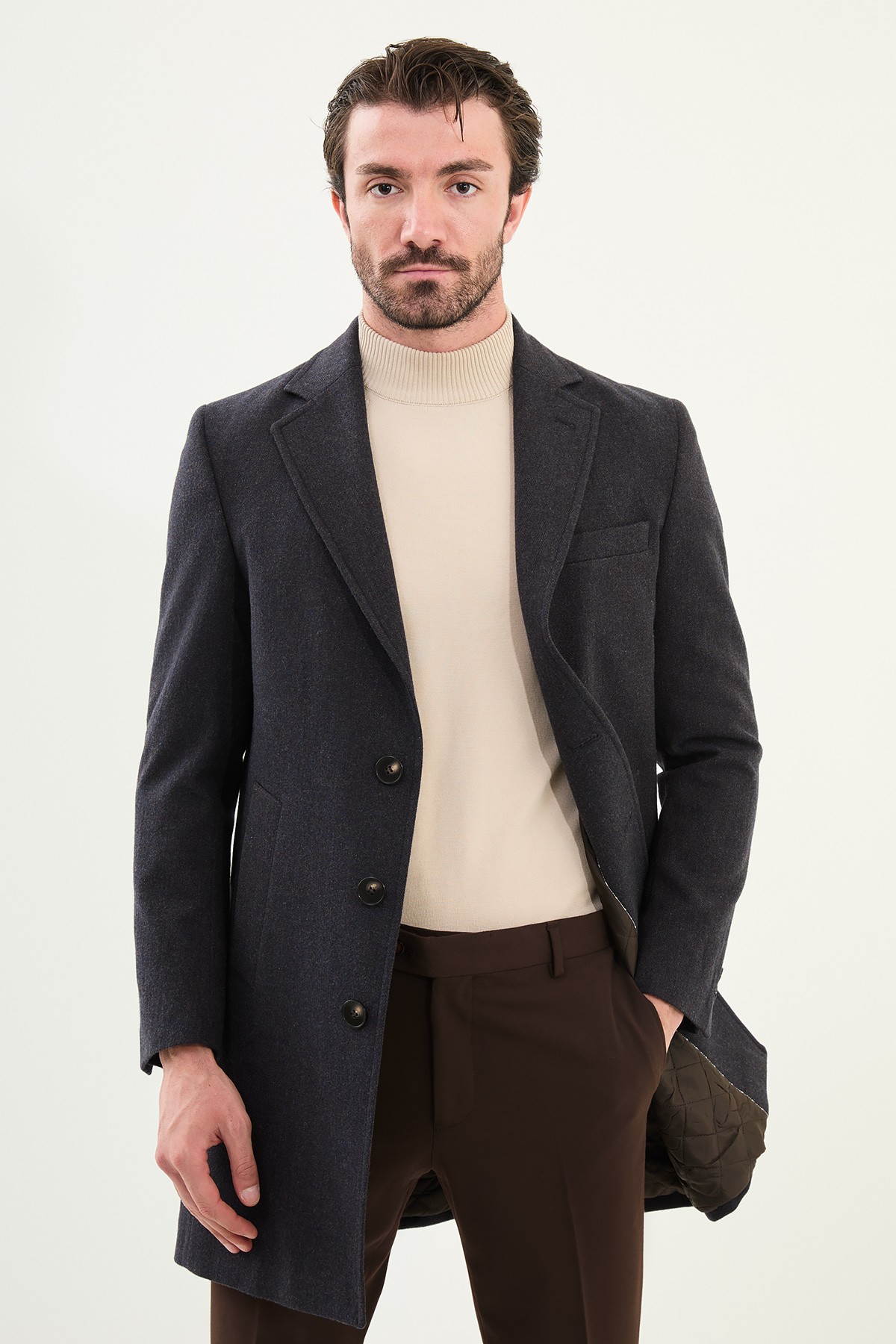 Desenli Slim Fit Mono Yaka Kaşe Erkek Kaban - Lacivert-Kahverengi