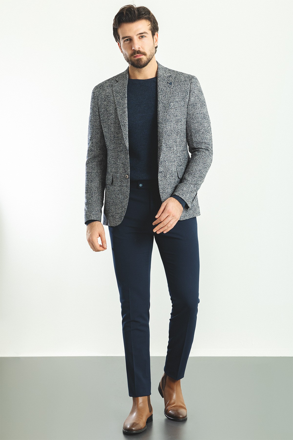 Ekoseli Slim Fit Mono Yaka Yün Erkek Ceket