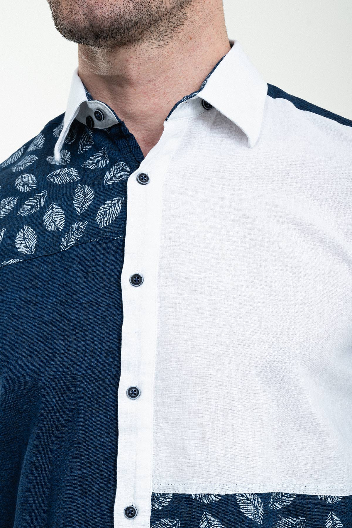 Çiçek Desenli Slim Fit Uzun Kollu Keten Erkek Gömlek