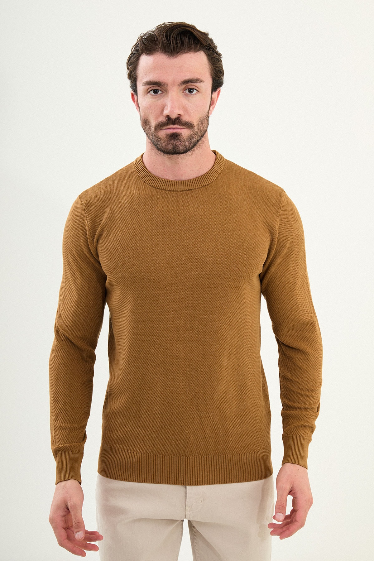 Desenli Slim Fit Bisiklet Yaka Erkek Kazak - Kamel