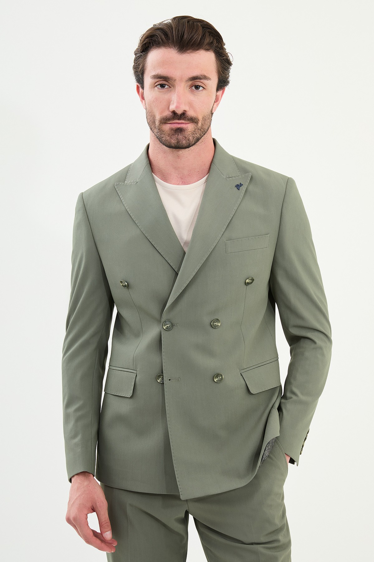 Düz Slim Fit Geniş Yaka Kruvaze Erkek Takım Elbise - Haki