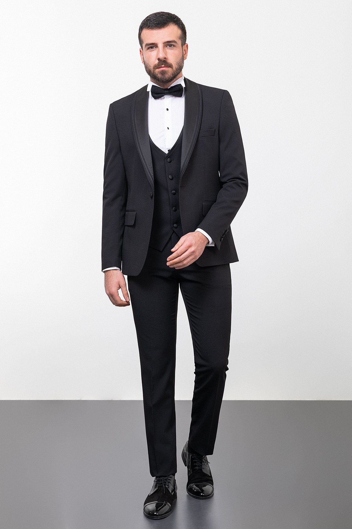 Düz Slim Fit Çizgili Geniş Yaka Erkek Damatlık - Siyah
