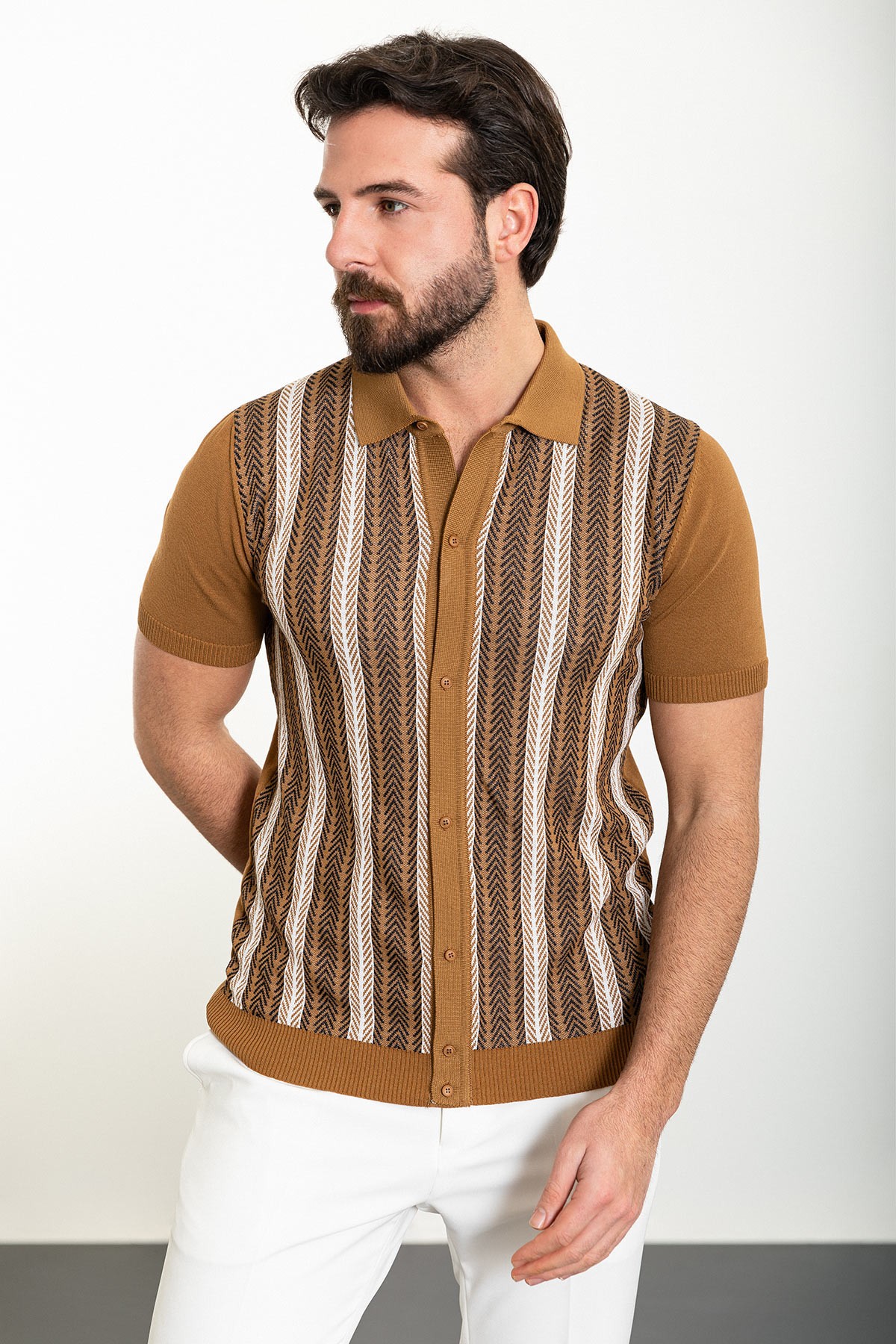 Desenli Slim Fit Polo Yaka Erkek Triko Gömlek
