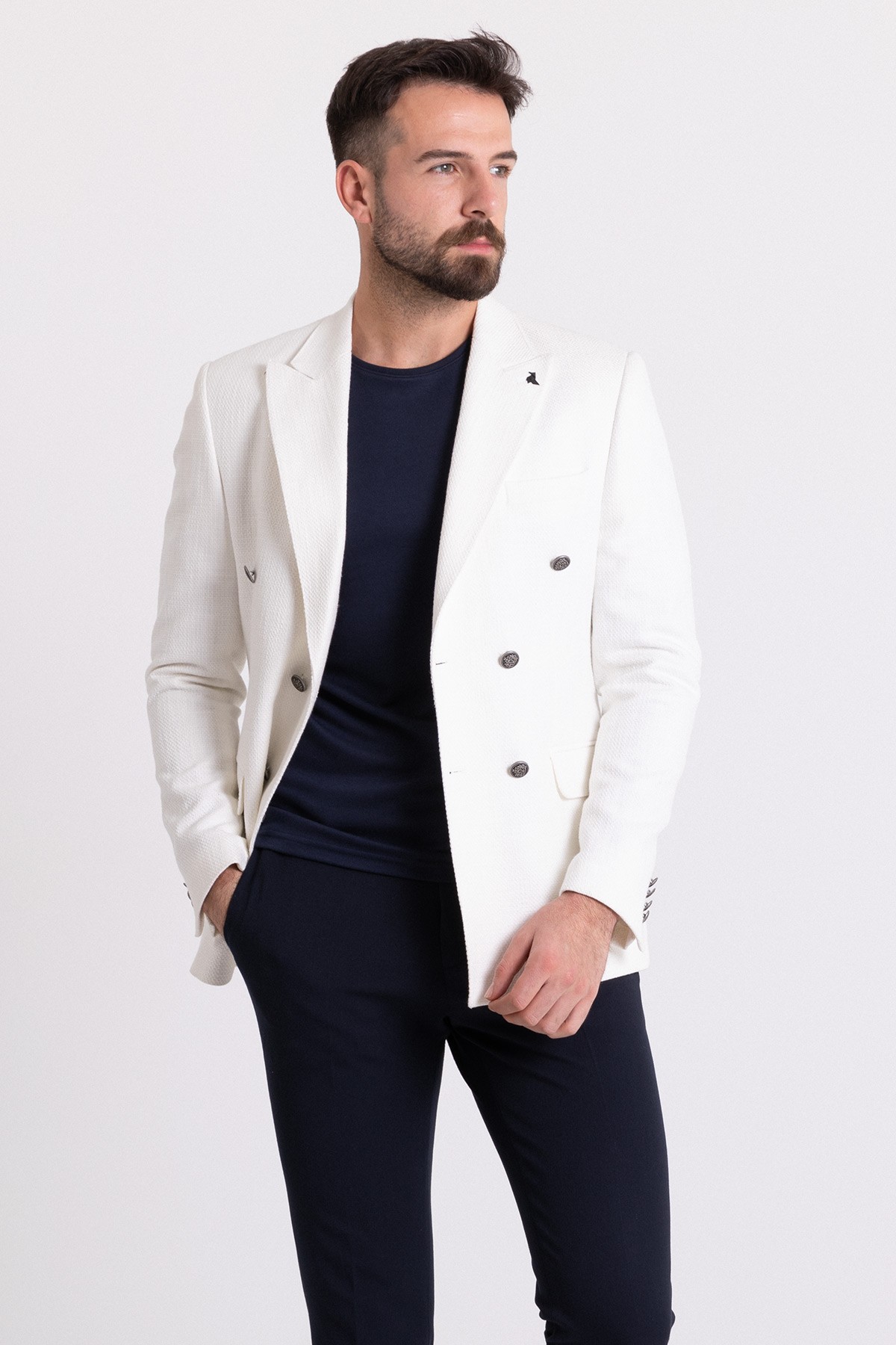 Desenli Slim Fit Metal Dugmeli Kruvaze Erkek Ceket