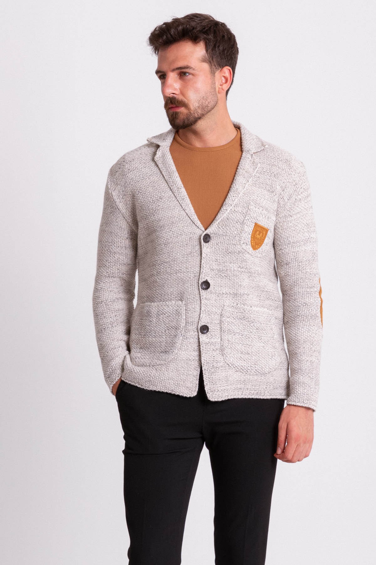 Kırçıllı Slim Fit Yün Erkek Triko Ceket - Kemik