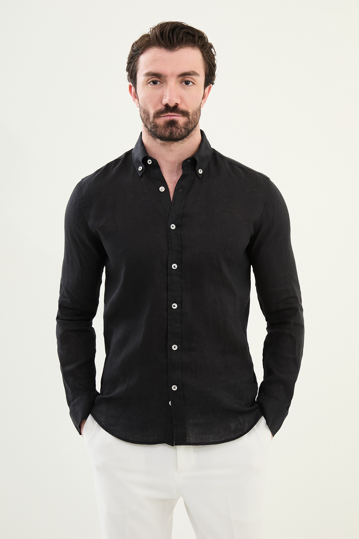 Düz Slim Fit %100 Keten Erkek Gömlek - Siyah