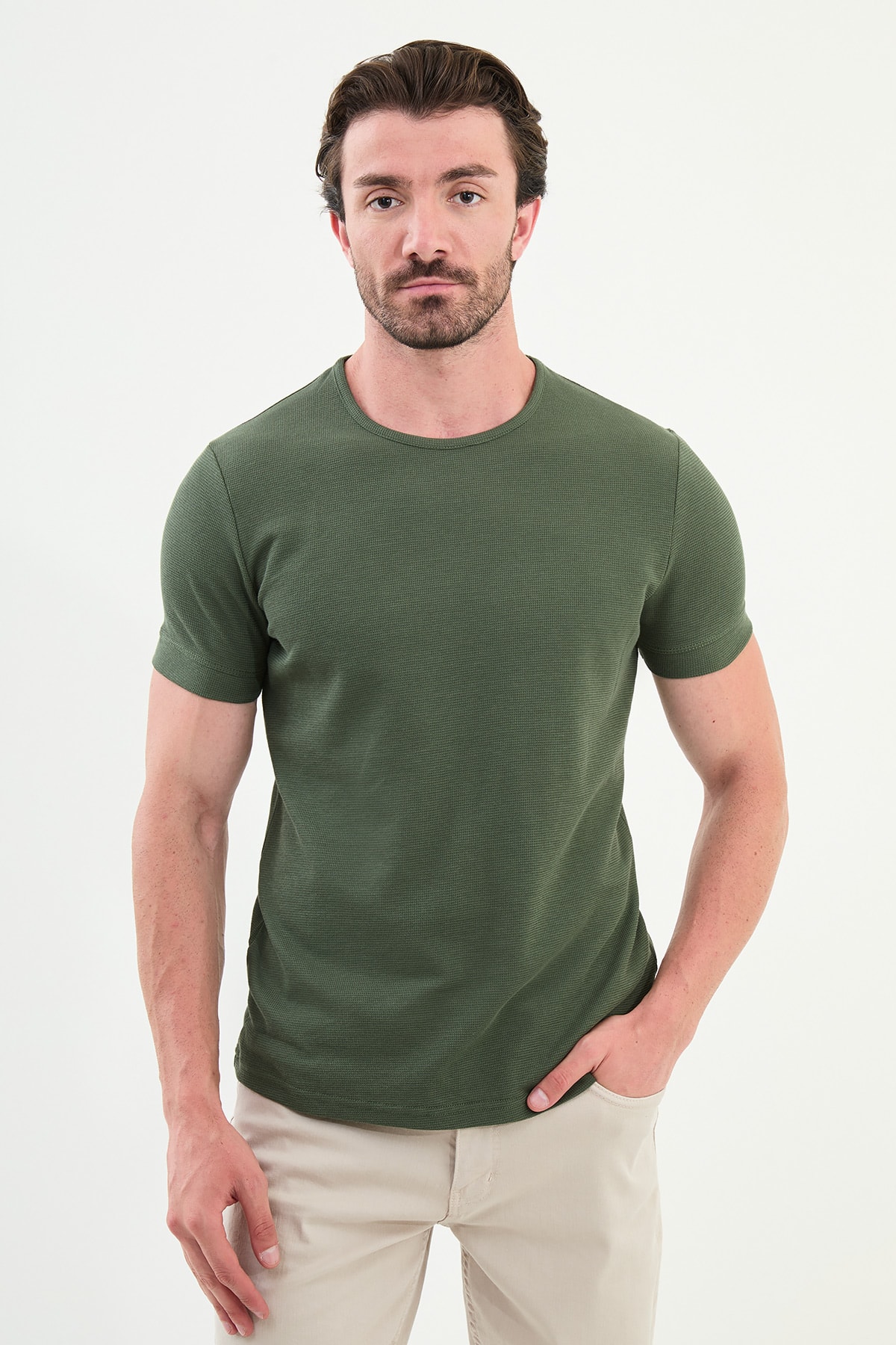 Desenli Slim Fit Kısa Kollu Pamuk Erkek T-Shirt - Haki