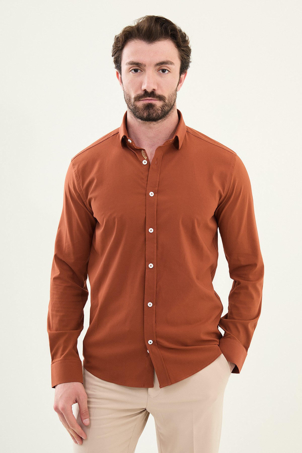 Gofreli Slim Fit Pamuk Erkek Gömlek - Kiremit