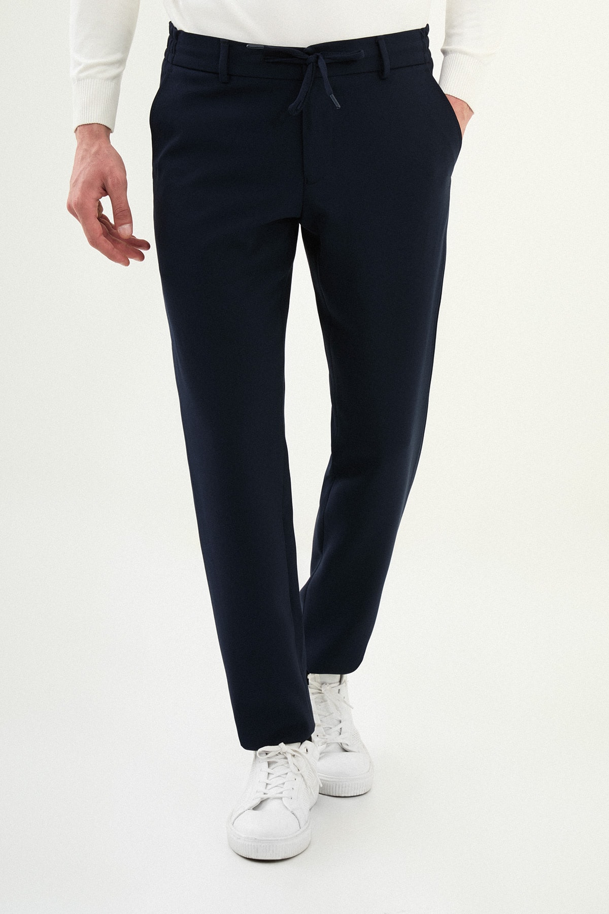 Düz Super Slim Fit Beli Lastikli İpli Erkek Pantolon - Lacivert