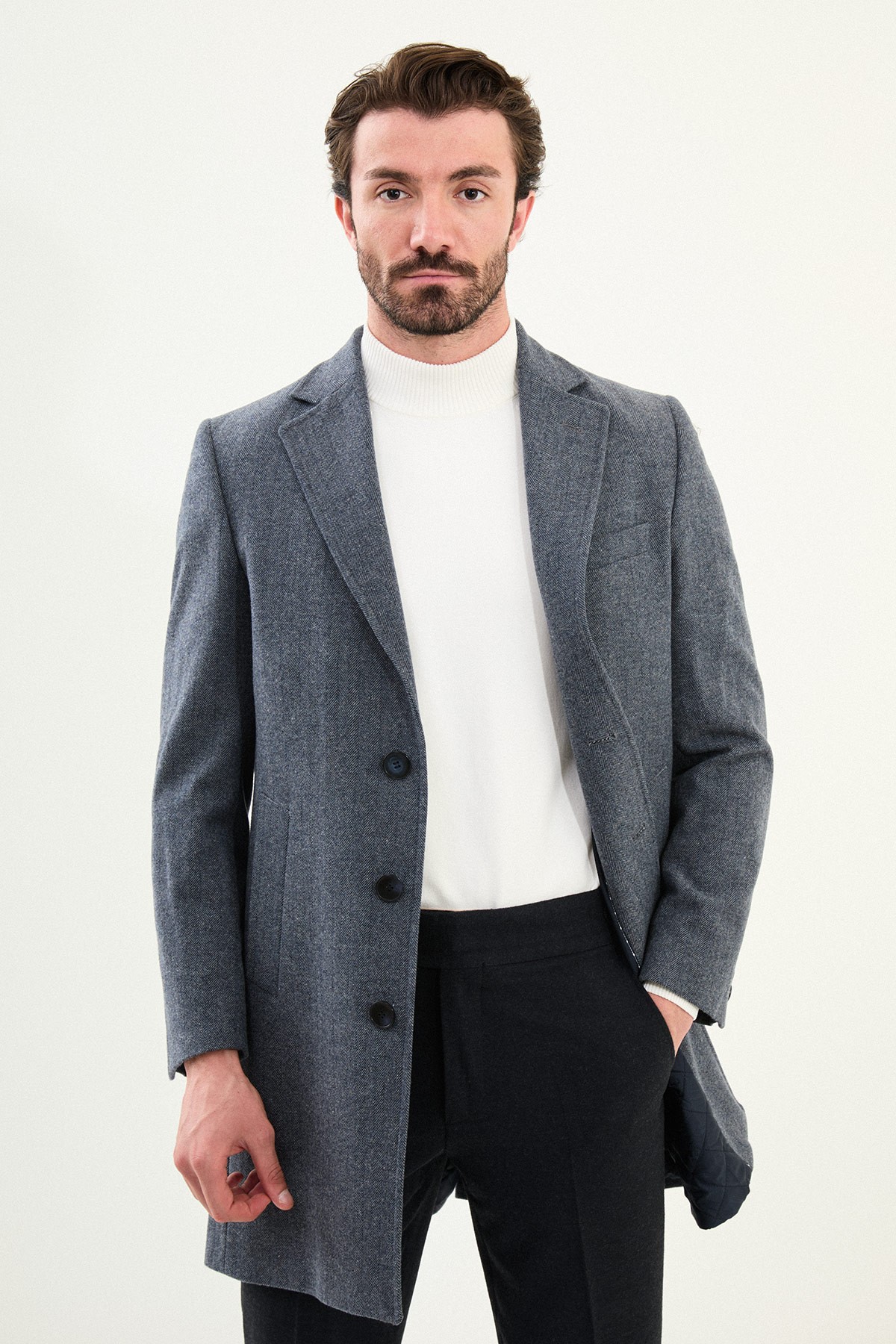 Desenli Slim Fit Mono Yaka Kaşe Erkek Kaban - Lacivert-Gri