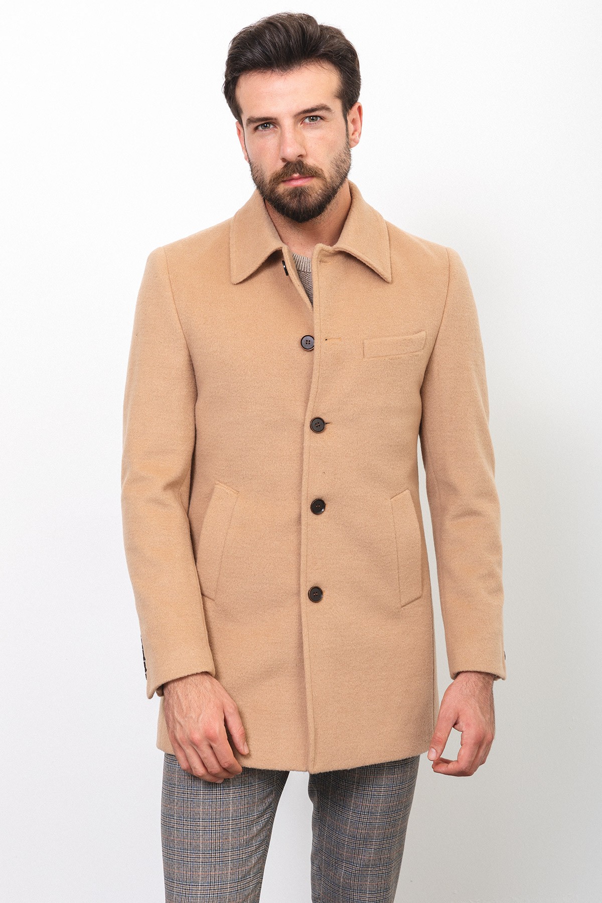 Düz Slim Fit Gömlek Yaka Klasik Yün Erkek Kaban