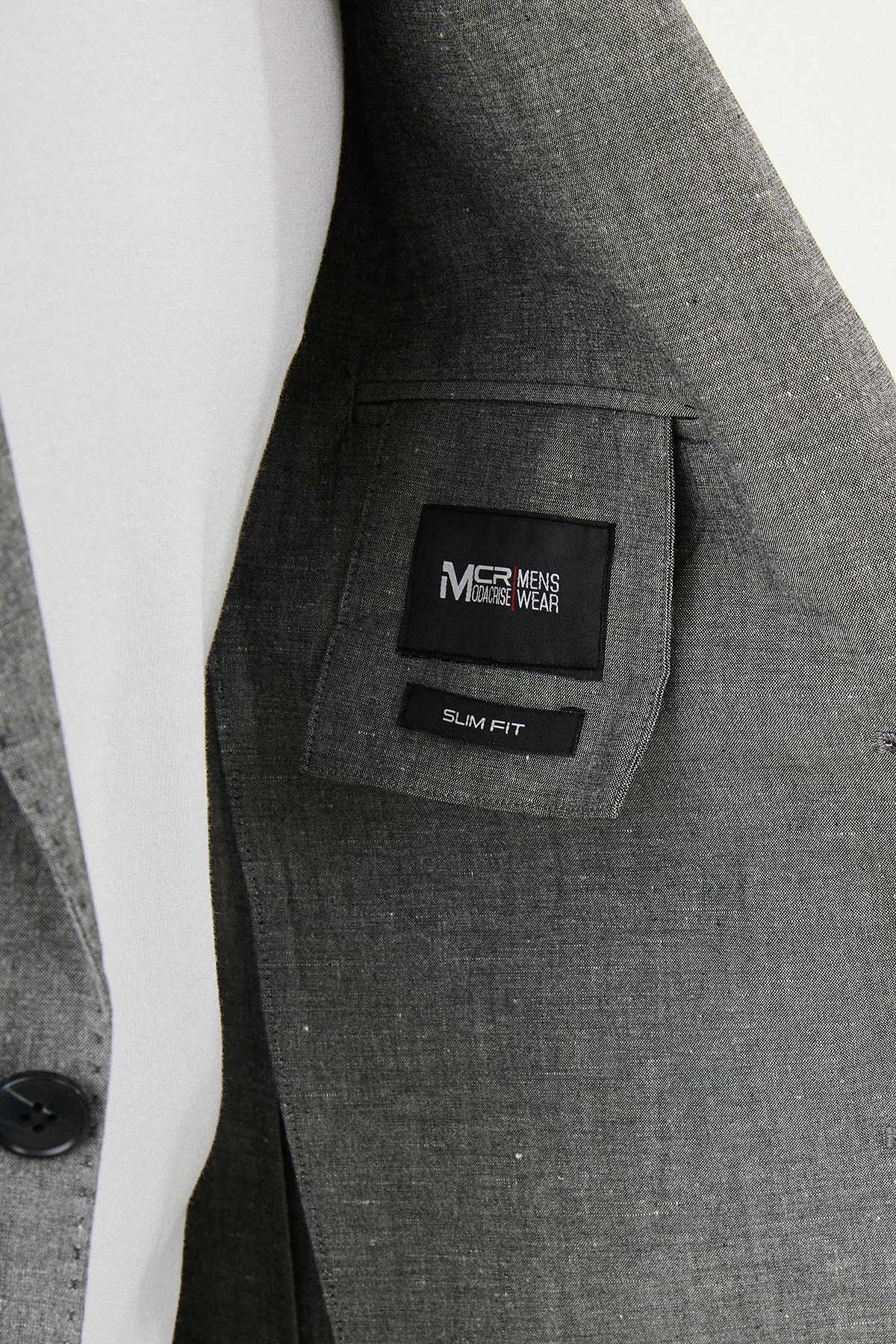 Kırçıllı Slim Fit Torba Cep Mono Yaka Keten Erkek Ceket