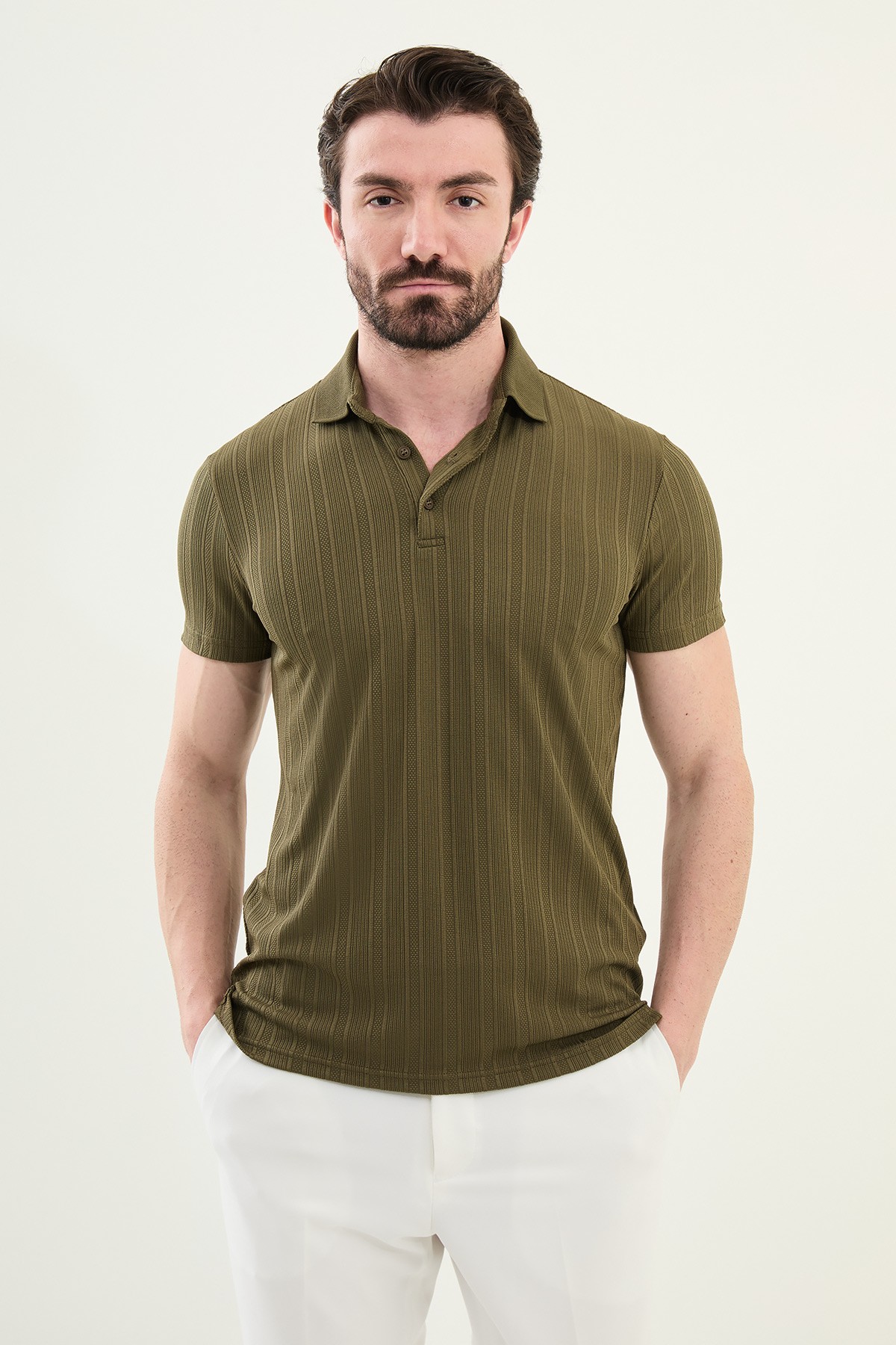 Çizgili Slim Fit Polo Yaka Erkek T-Shirt - Haki