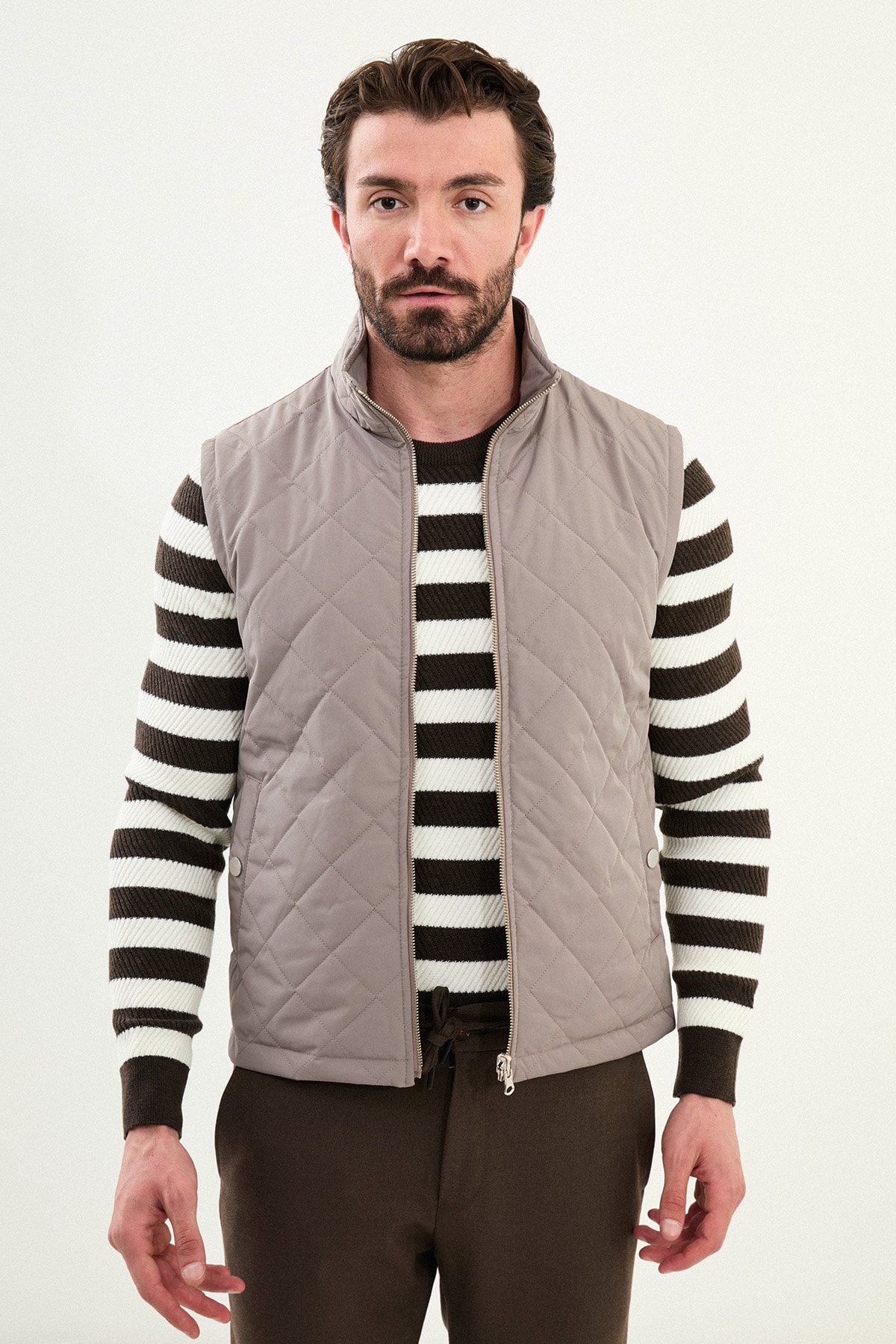 Çift Taraflı Slim Fit Hakim Yaka Erkek Yelek - Vizon