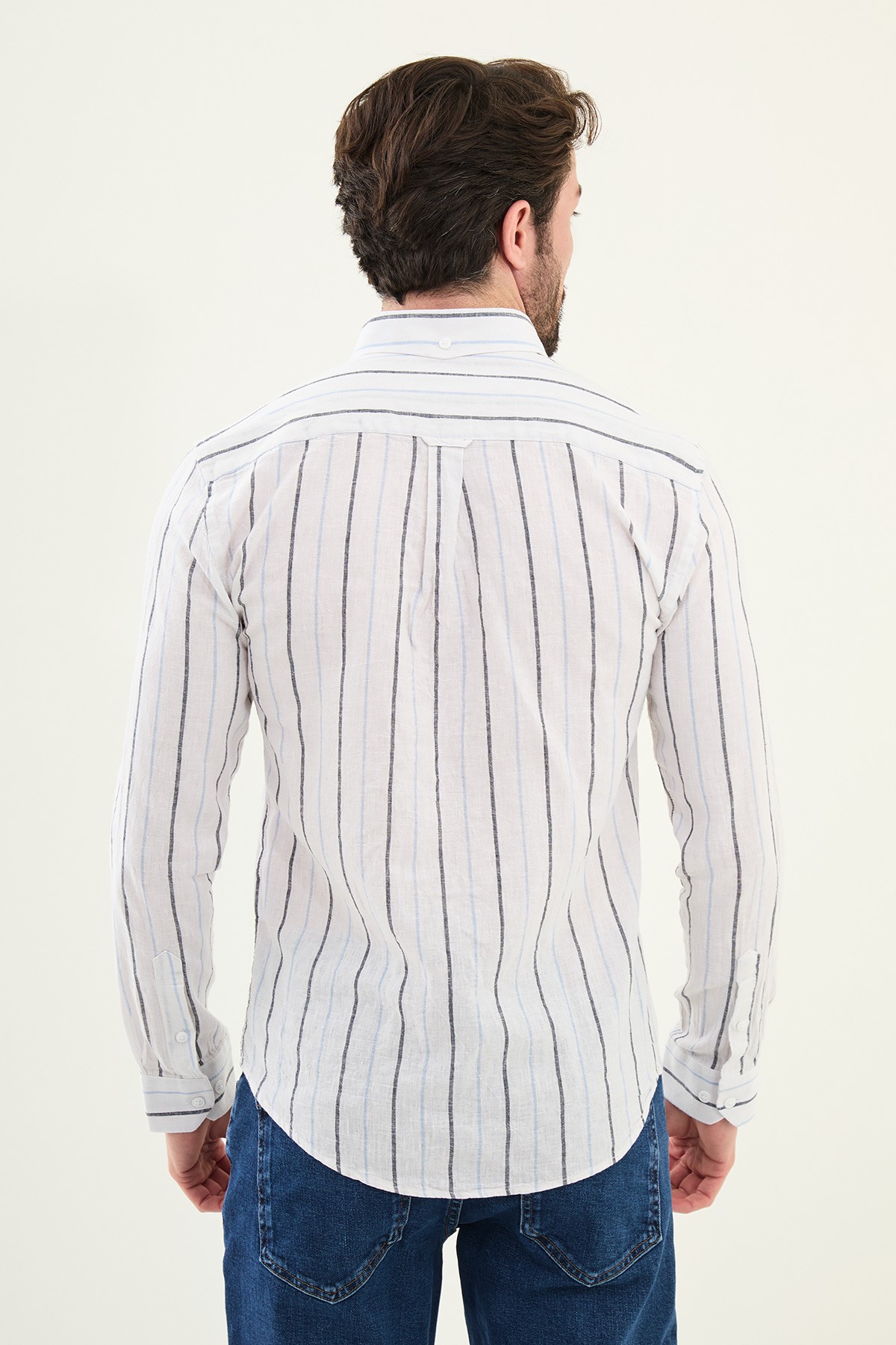 Çizgili Slim Fit Keten Erkek Gömlek