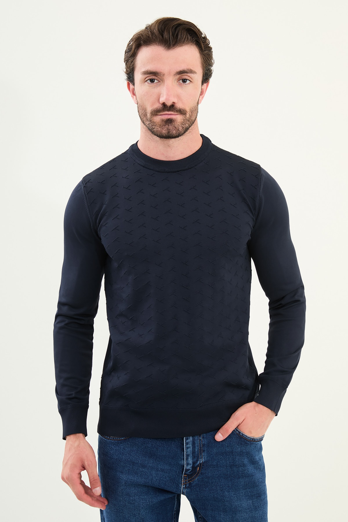 Desenli Slim Fit Bisiklet Yaka Erkek Triko Kazak - Lacivert