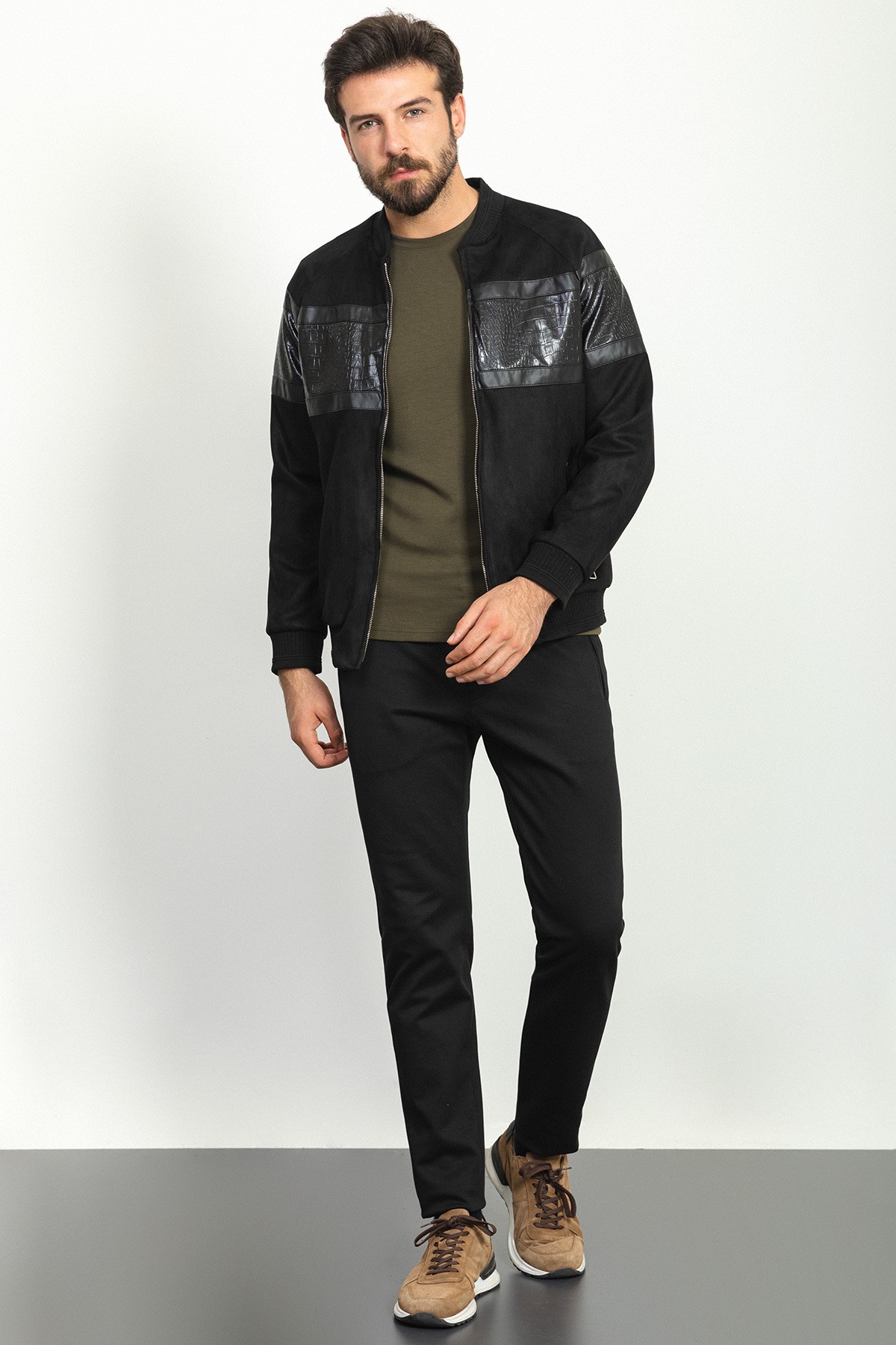 Parça Desenli Slim Fit Pilot Yaka Erkek Mont