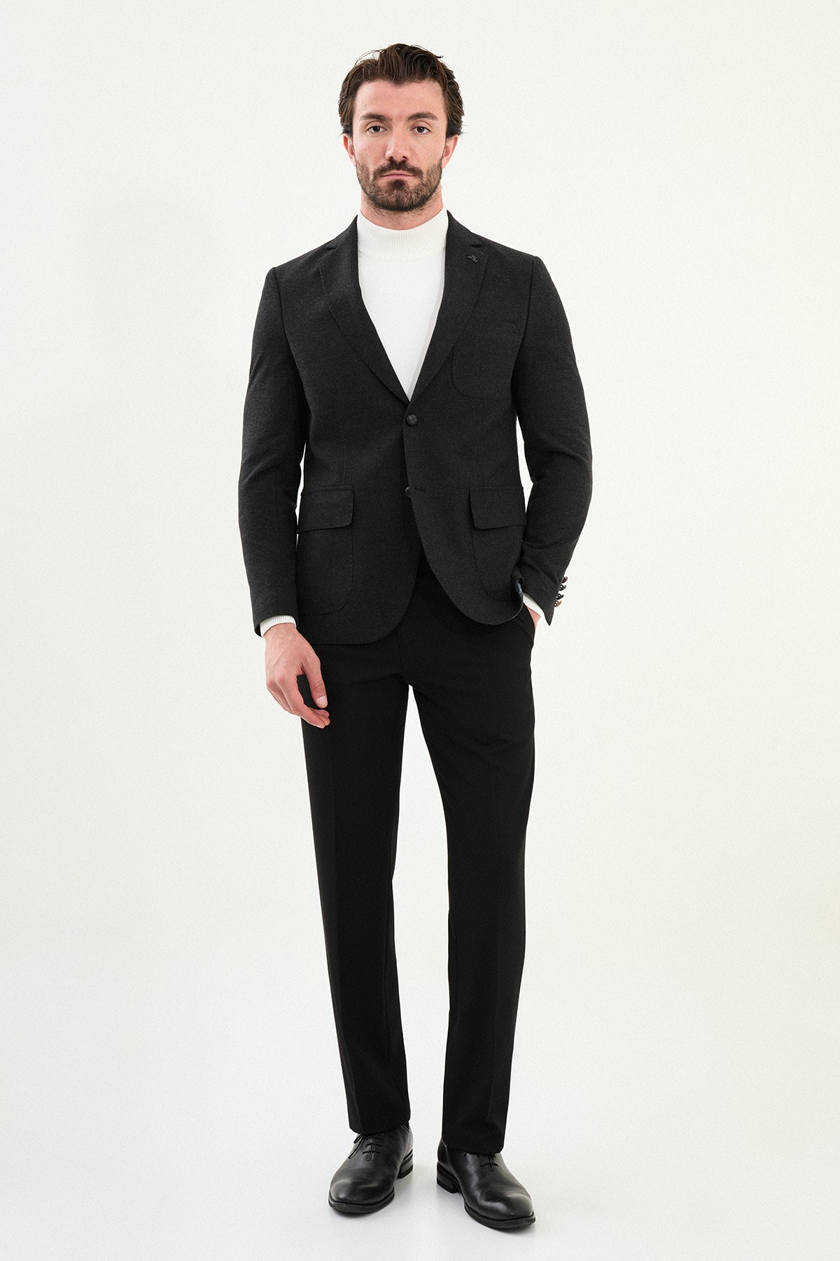 Düz Slim Fit Torba Cep Mono Yaka Yün Erkek Ceket