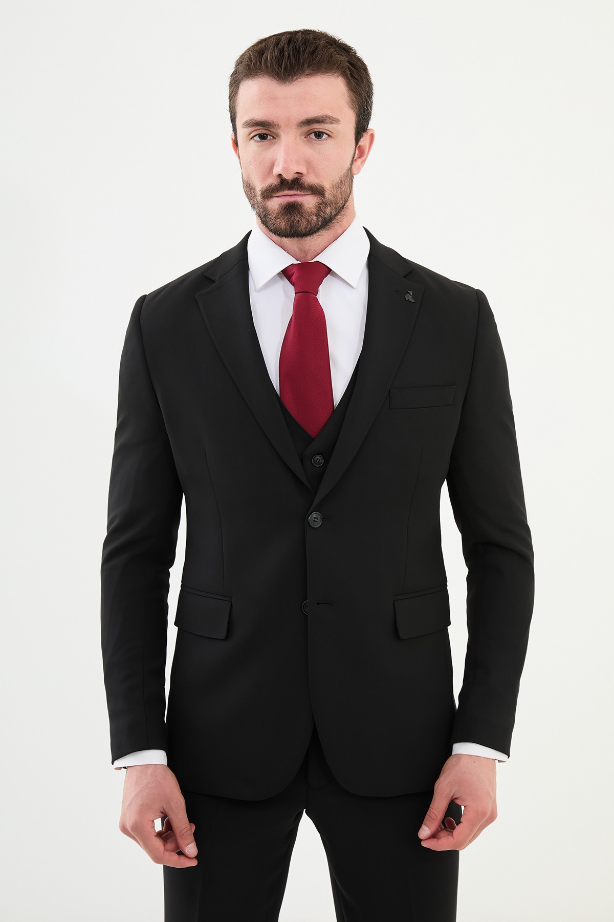 Düz Slim Fit Mono Yaka Yün Erkek Takım Elbise - Siyah