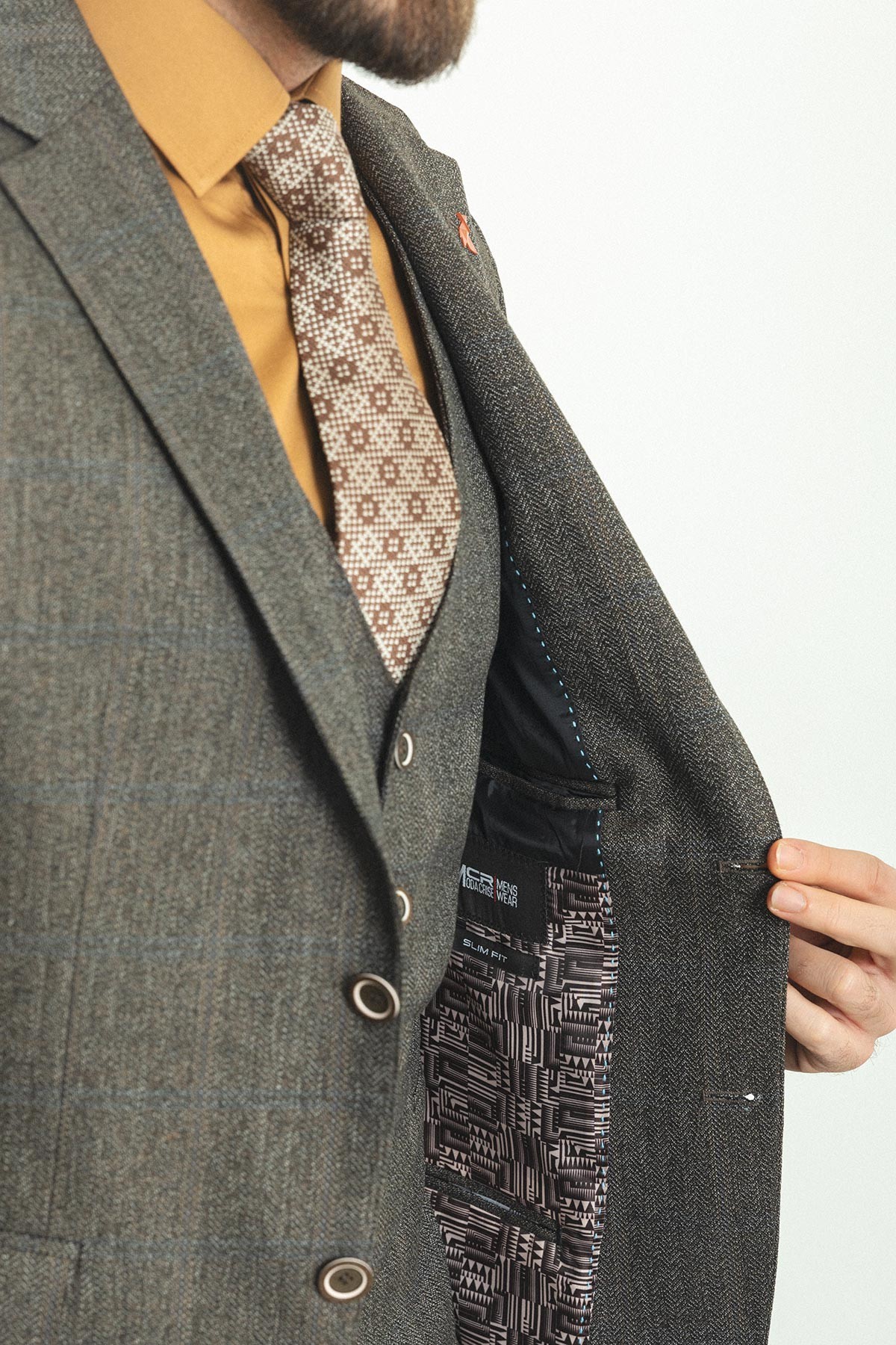 Ekoseli Slim Fit Mono Yaka Yün Erkek Takım Elbise