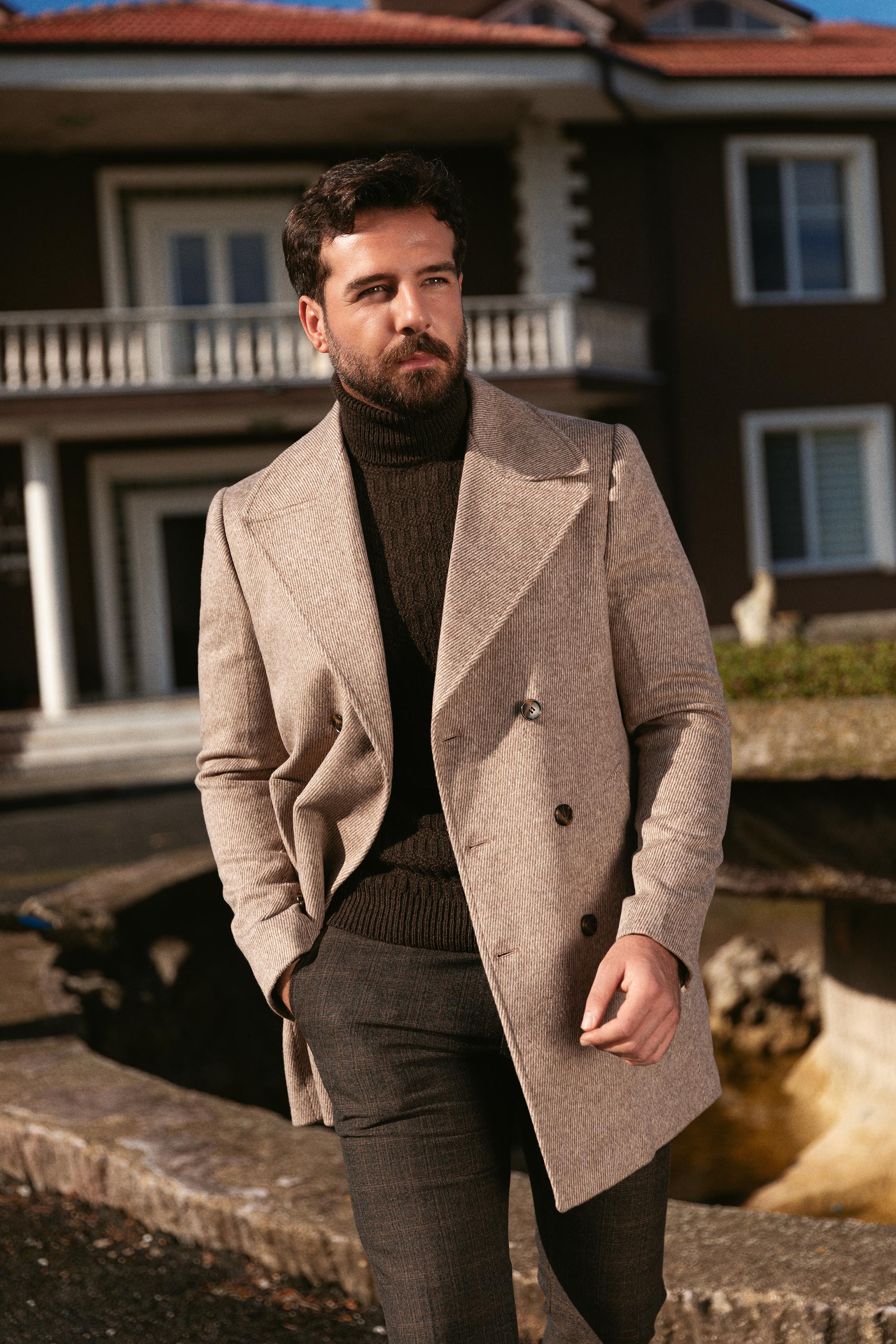 Çizgi Desenli Slim Fit Geniş Yaka Kruvaze Kaşe Erkek Kaban