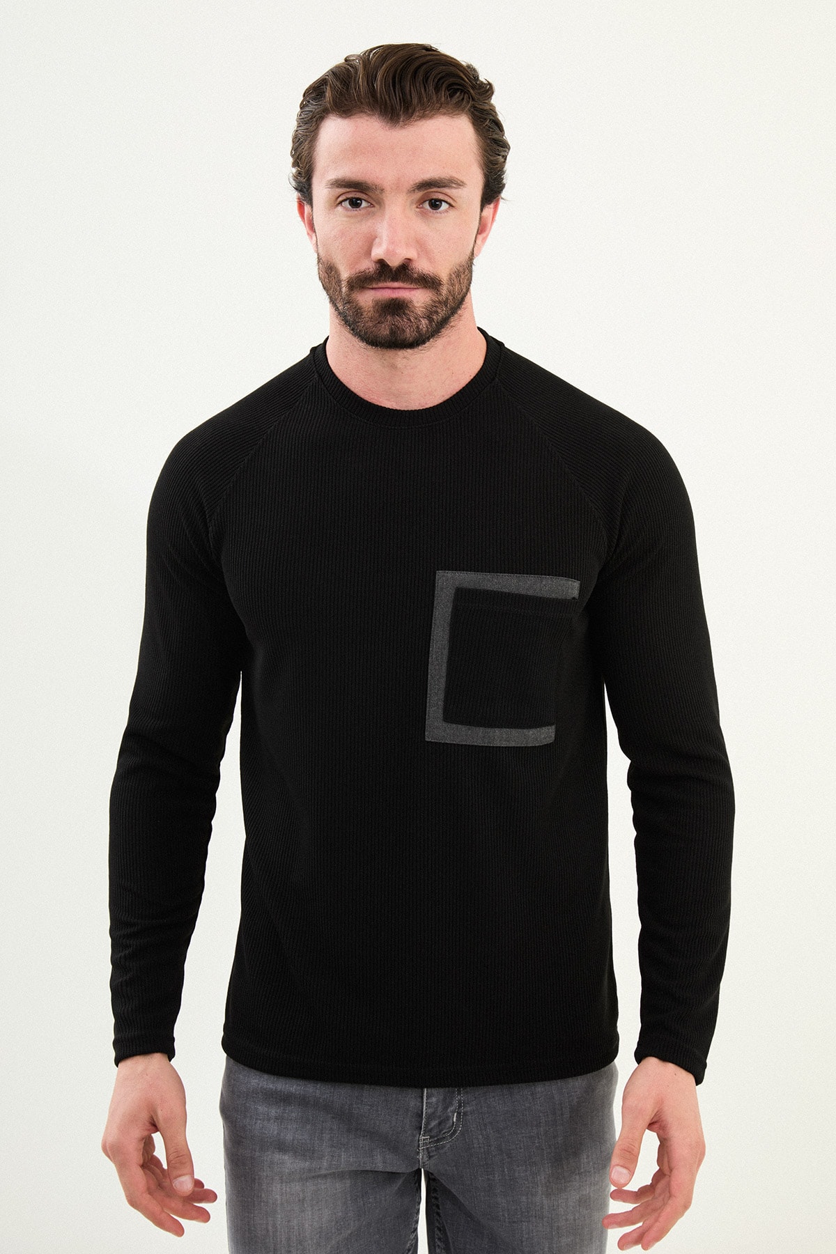 Çizgili Slim Fit Cep Detaylı Uzun Kollu Pamuk Erkek T-Shirt - Siyah