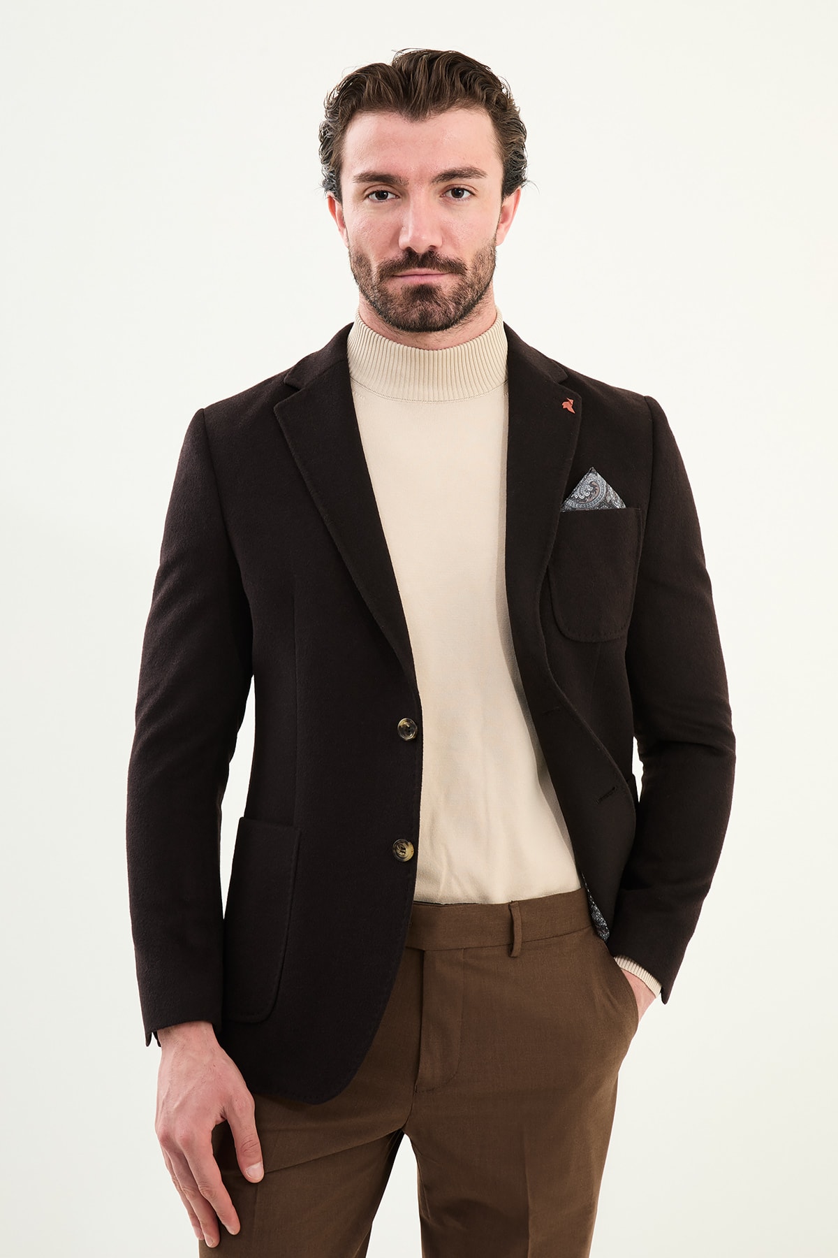 Düz Slim Fit Torba Cepli Mendil Detaylı Yün Erkek Ceket - Kahverengi