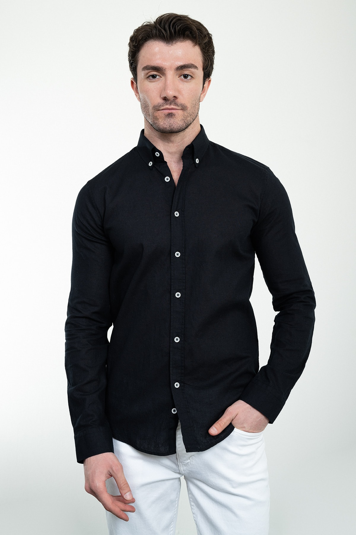 Düz Slim Fit Uzun Kollu Keten Erkek Gömlek - Siyah