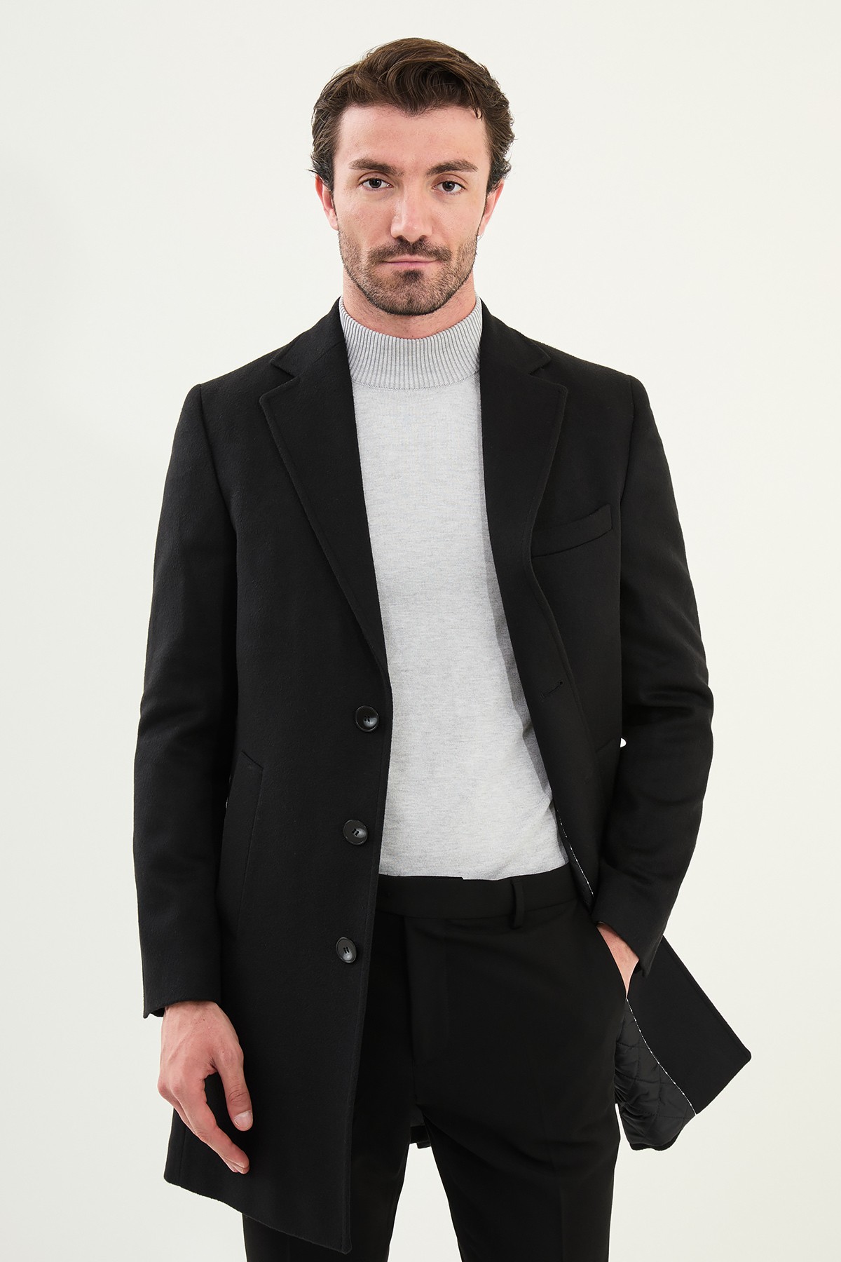 Düz Slim Fit Mono Yaka Klasik Yün Erkek Kaban