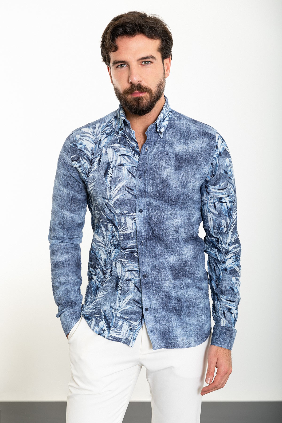 Yaprak Desenli Slim Fit Uzun Kollu Gofre Erkek Gömlek