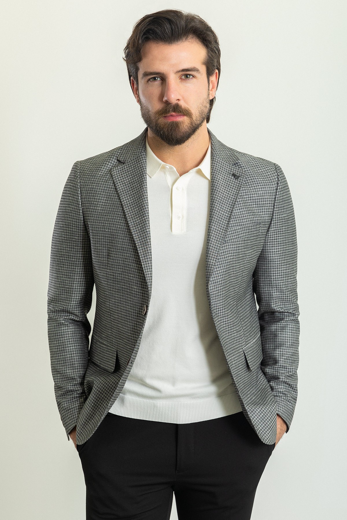 Kareli Slim Fit Mono Yaka Keten Erkek Ceket