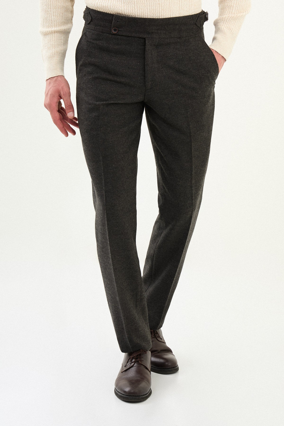 Dokulu Slim Fit Kemerli Yün Erkek Pantolon - Antrasit