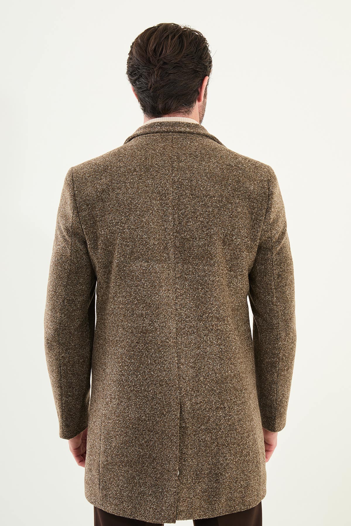 Kırçıllı Slim Fit Şal Yaka Çapraz Düğmeli Yün Erkek Kaban