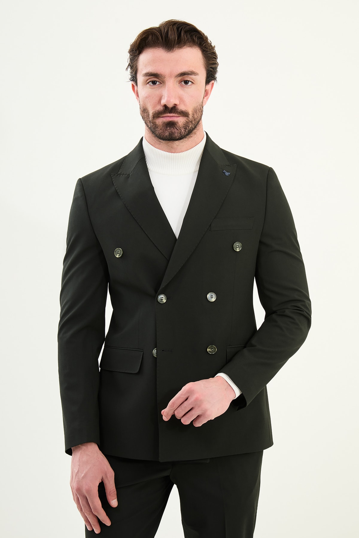 Düz Slim Fit Geniş Yaka Kruvaze Erkek Takım Elbise - Haki