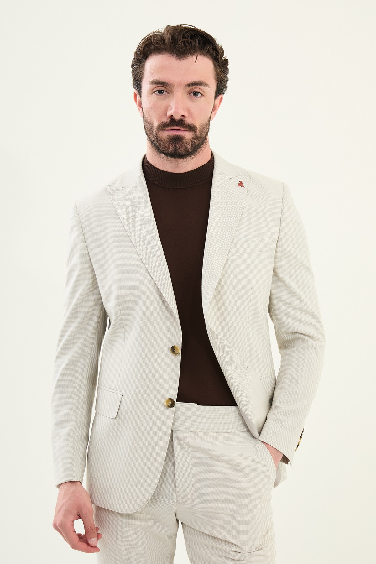 Desenli Slim Fit Geniş Yaka Erkek Takım Elbise - Bej