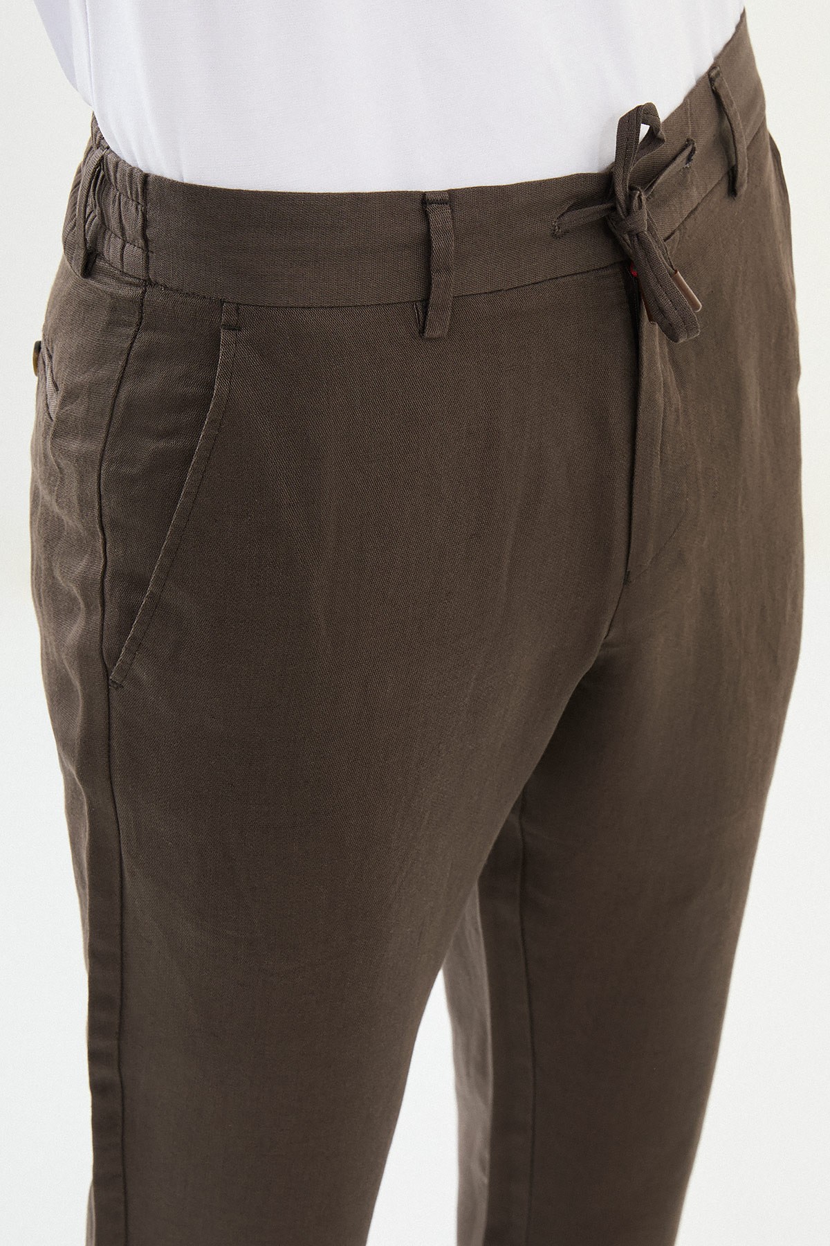 Düz Slim Fit Beli Lastikli İpli %100 Keten Erkek Pantolon