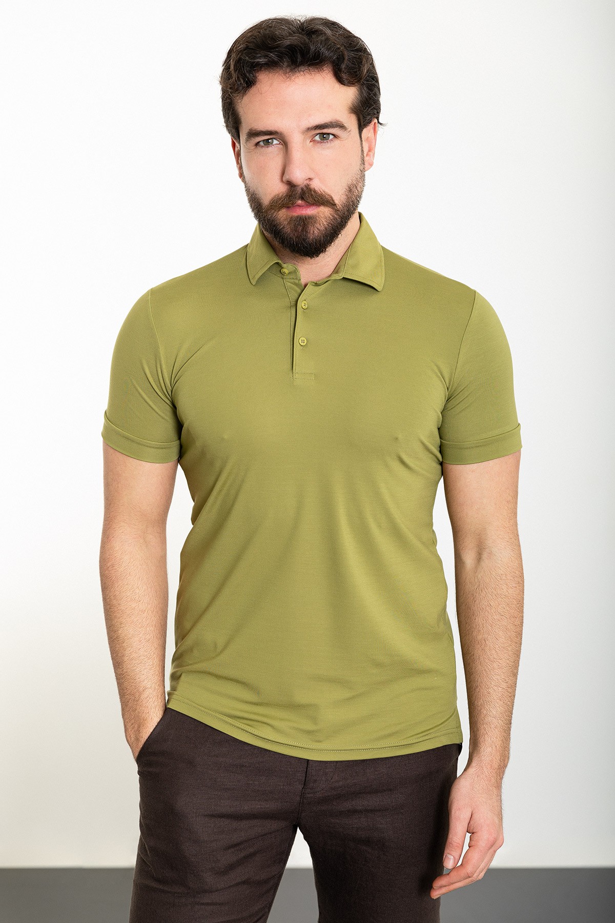 Düz Slim Fit Polo Yaka Erkek T-Shirt - Yeşil