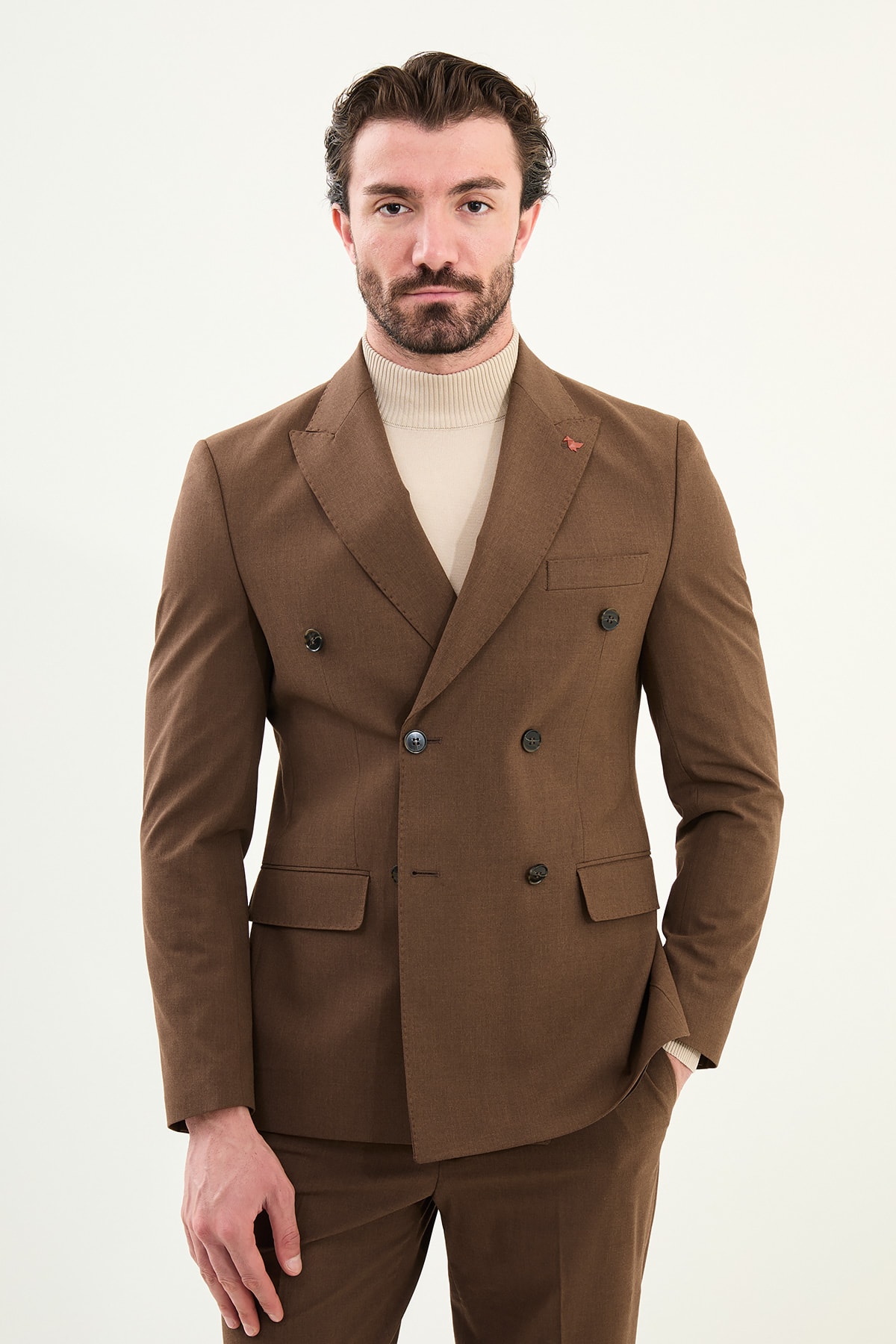 Düz Slim Fit Geniş Yaka Kruvaze Erkek Takım Elbise - Fındık