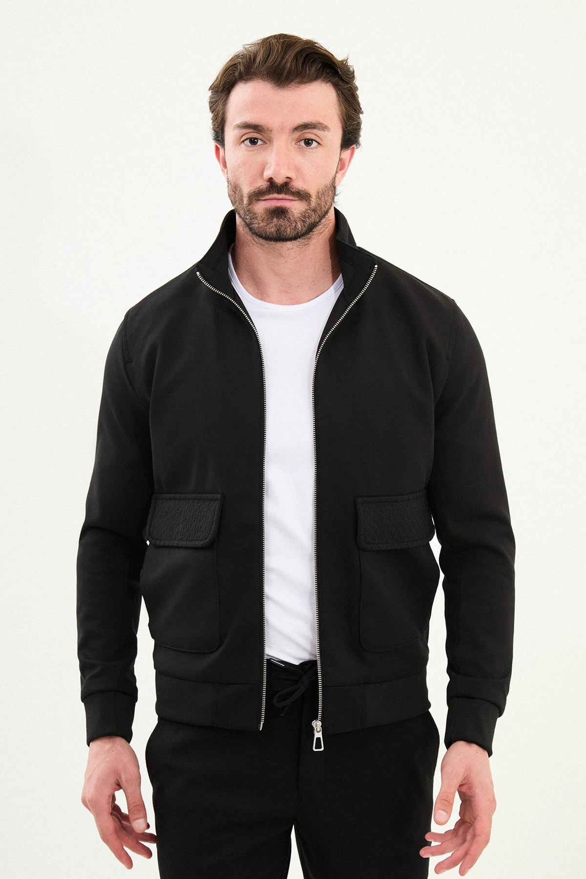 Düz Slim Fit Fermuarlı Torba Cepli Hakim Yaka Pantolon Mont