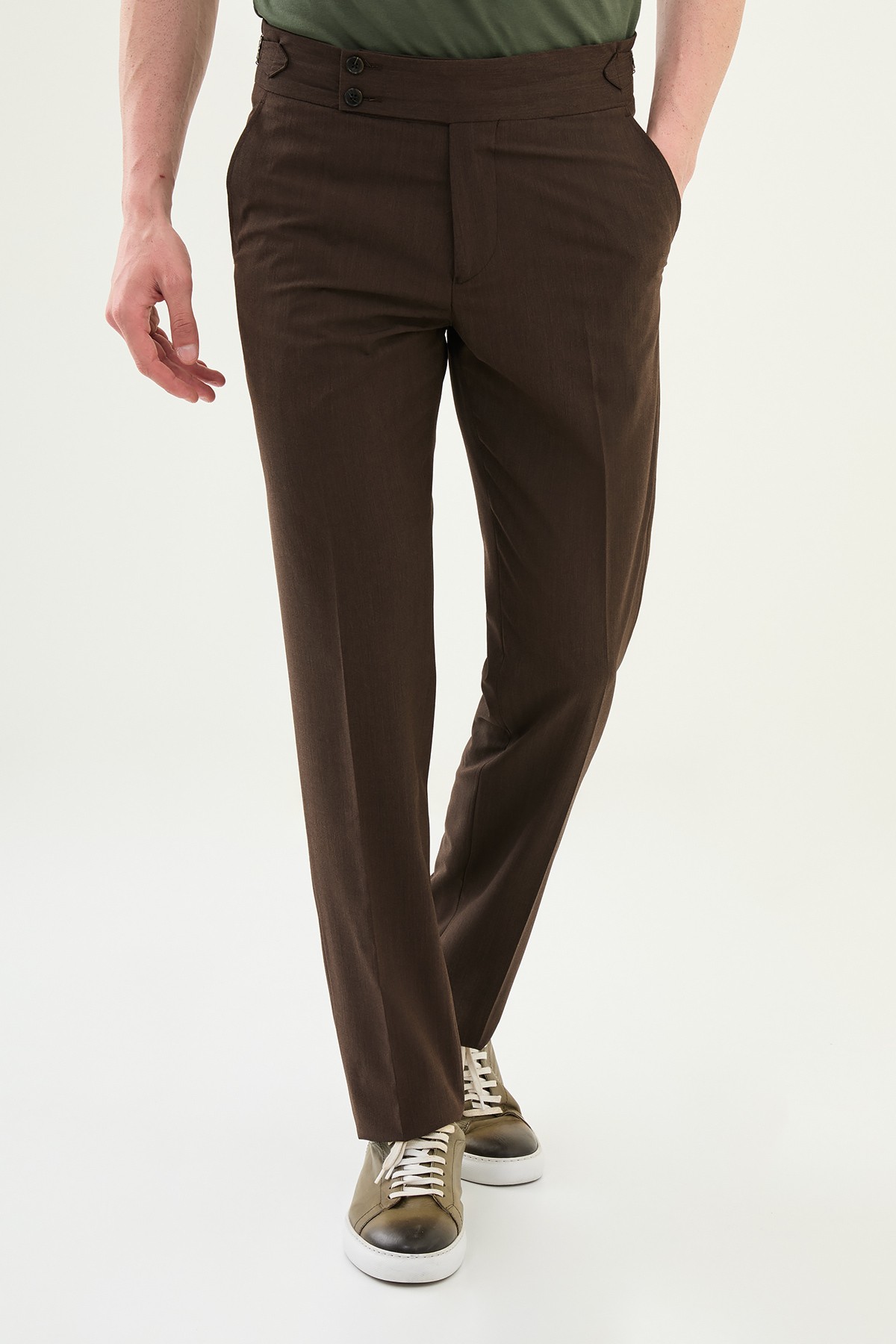 Düz Slim Fit Beli Tokalı Erkek Pantolon - Kahverengi