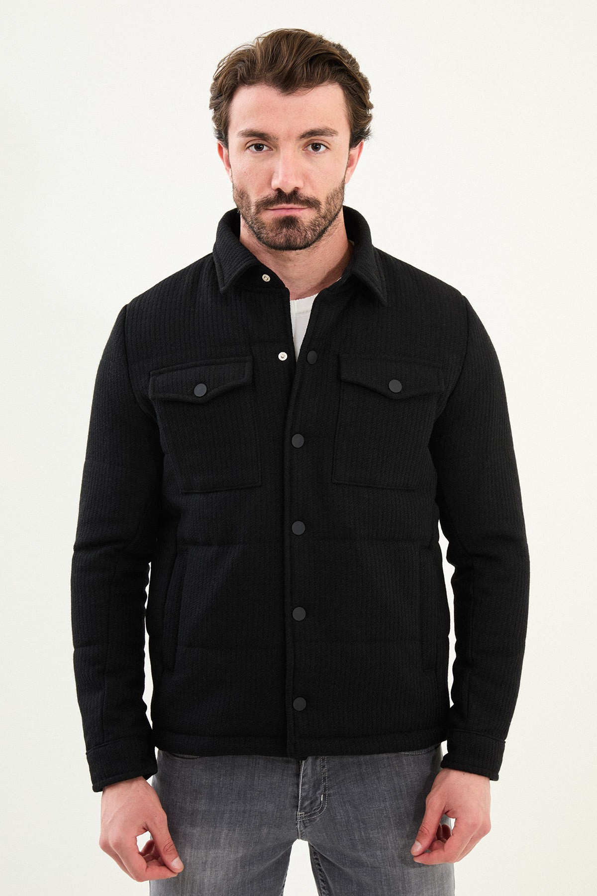 Çizgili Slim Fit Gömlek Yaka Çıtçıtlı Erkek Mont - Siyah