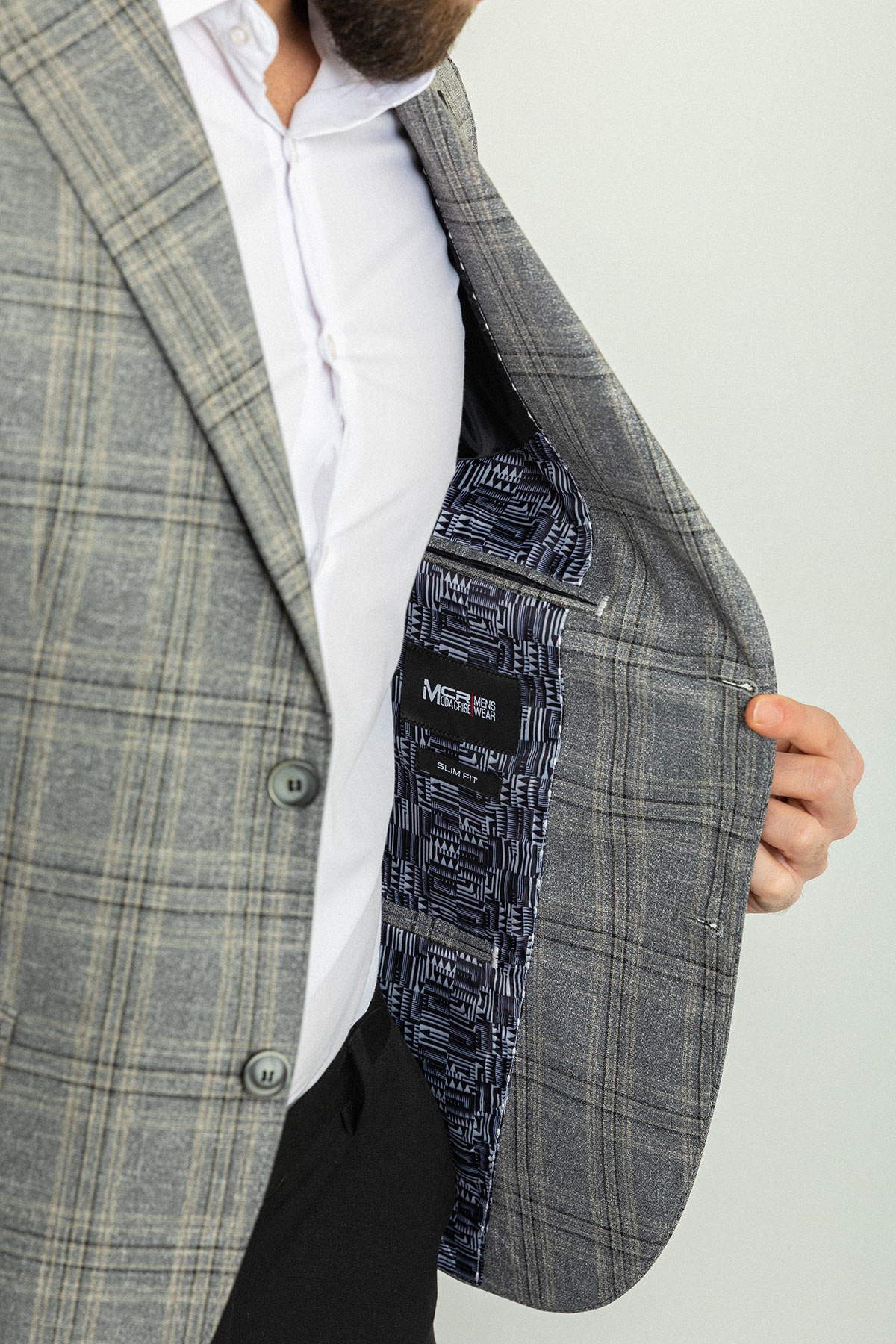 Ekoseli Slim Fit Mono Yaka Keten Erkek Ceket