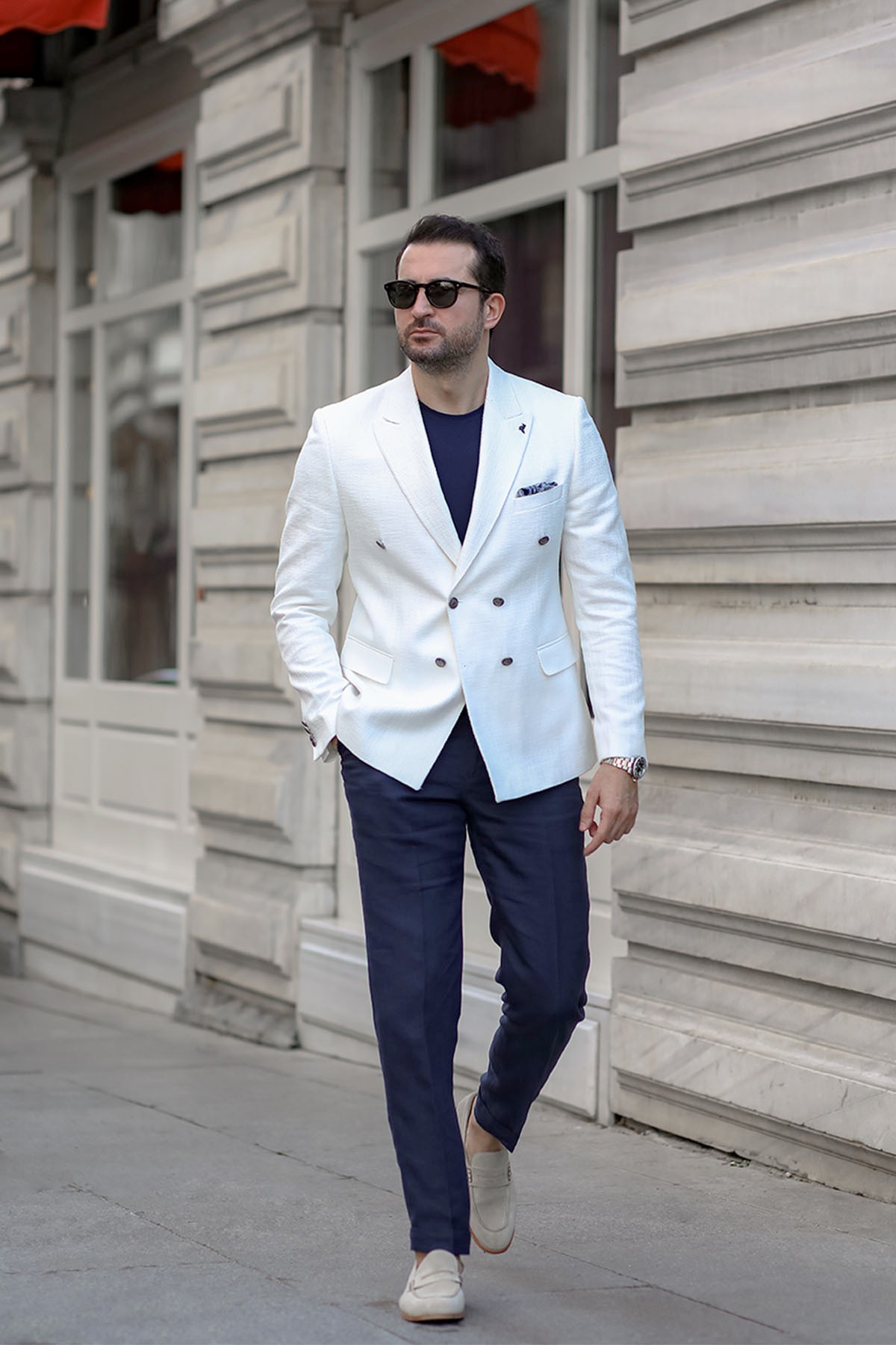 Desenli Slim Fit Metal Dugmeli Kruvaze Erkek Ceket