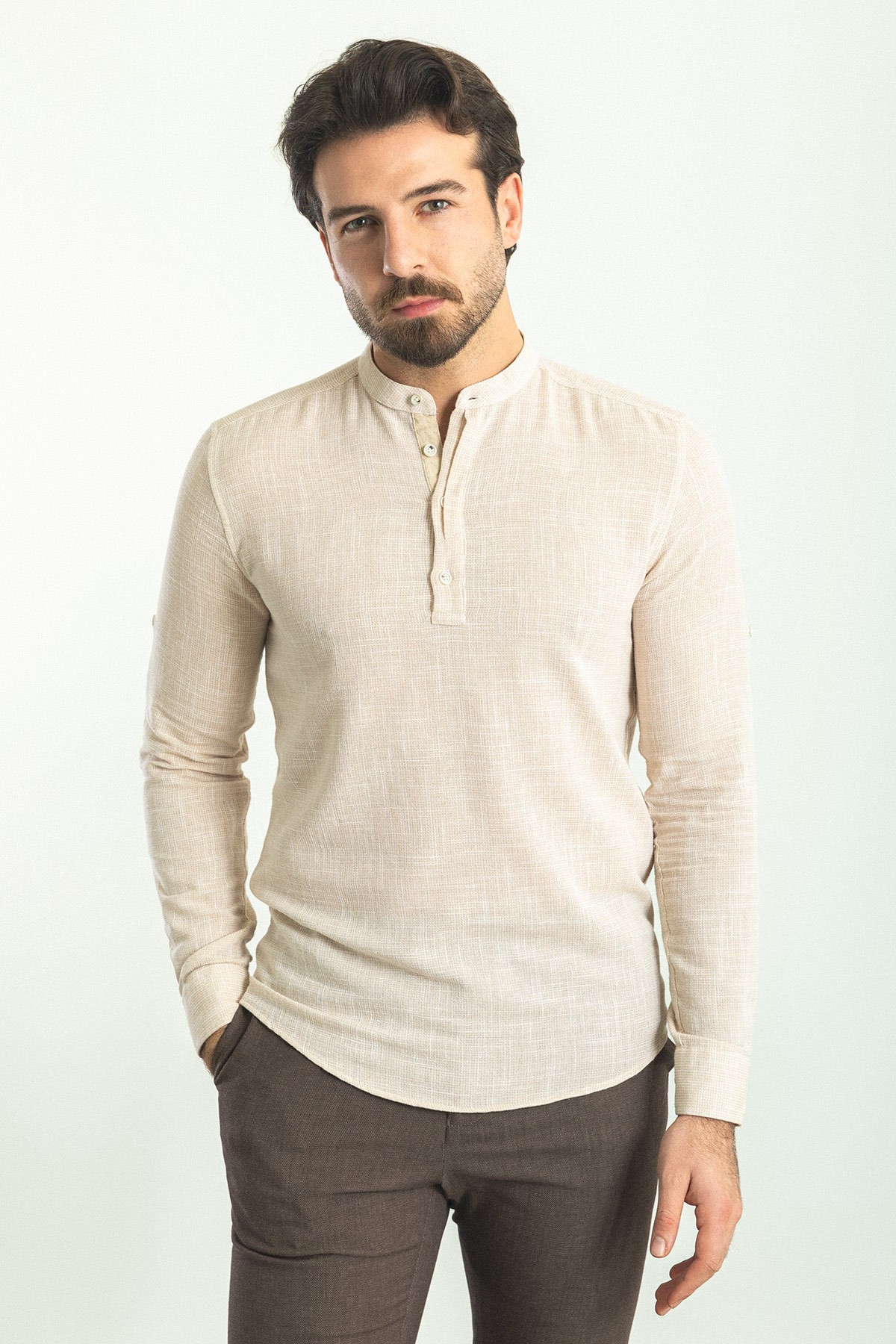 Desenli Slim Fit Hakim Yaka Uzun Kollu Erkek Gömlek - Bej-Ekru